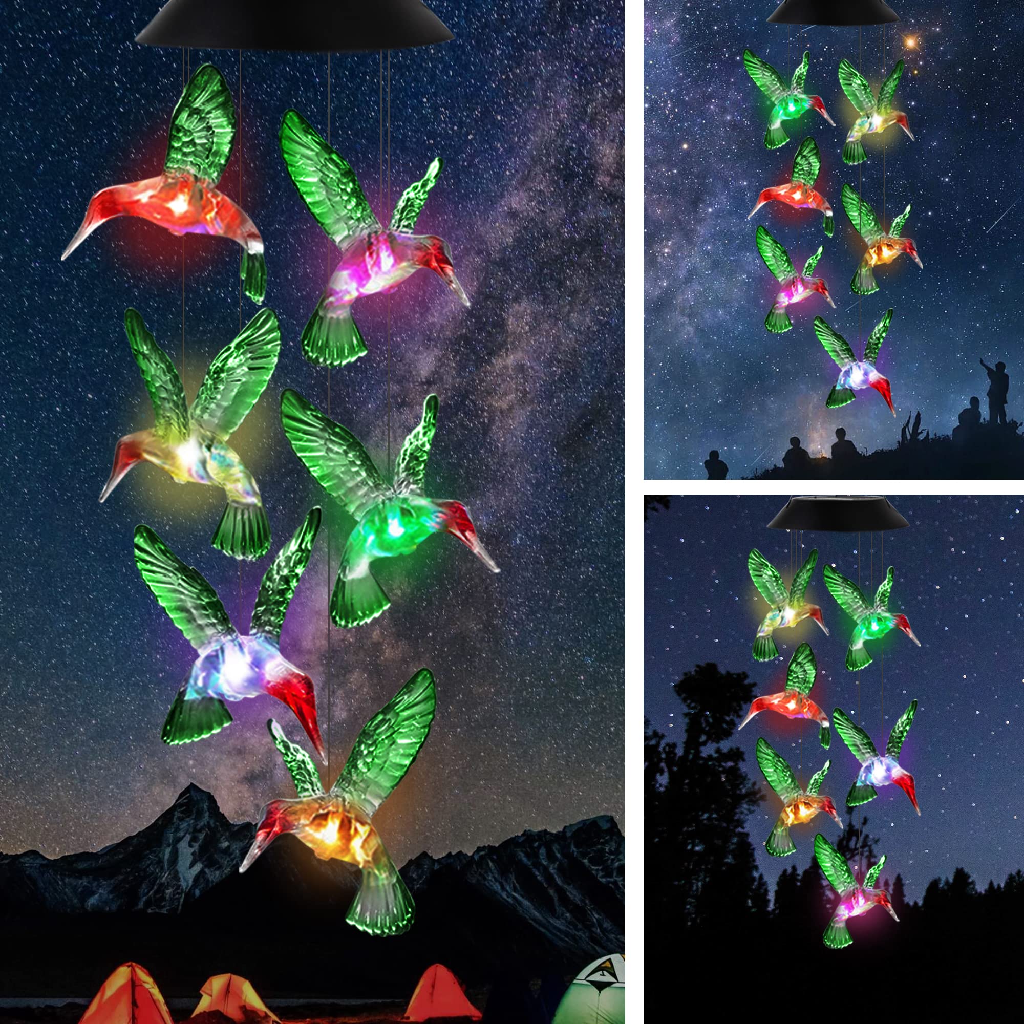 OkayGoo Solar-Powered Hummingbird Wind Chimes with Color Changing LED Lights - Outdoor Garden Decor, Unique Gift for Mom & Grandma, Christmas Home Decoration (Green) | Perfect for Patio, Yard, and Porch Decor