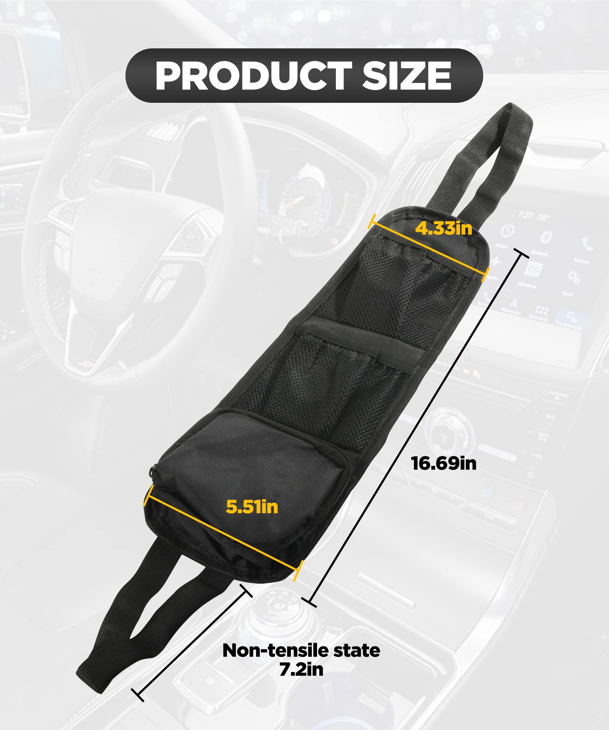 ESEWALAS Car Seat Organizer Hanging Bag - Multifunctional Mesh Storage Pocket for Phones, Drinks, Wallets & Glasses - Auto Seat Side Organizer (Black, 1PC) - Perfect for Road Trips, Commuting & Family Travel