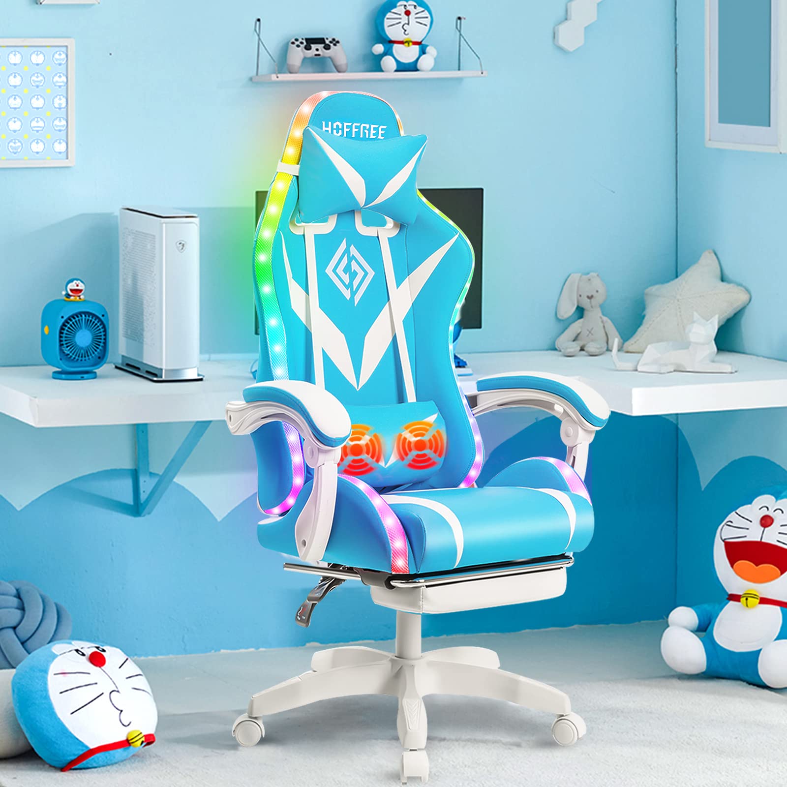 Ergonomic Gaming Chair with LED RGB Lights, Massage & Adjustable Lumbar Support - High Back Computer Chair with Footrest & Linkage Armrest - Light Blue & White for Esports, Streaming & Home Office Use