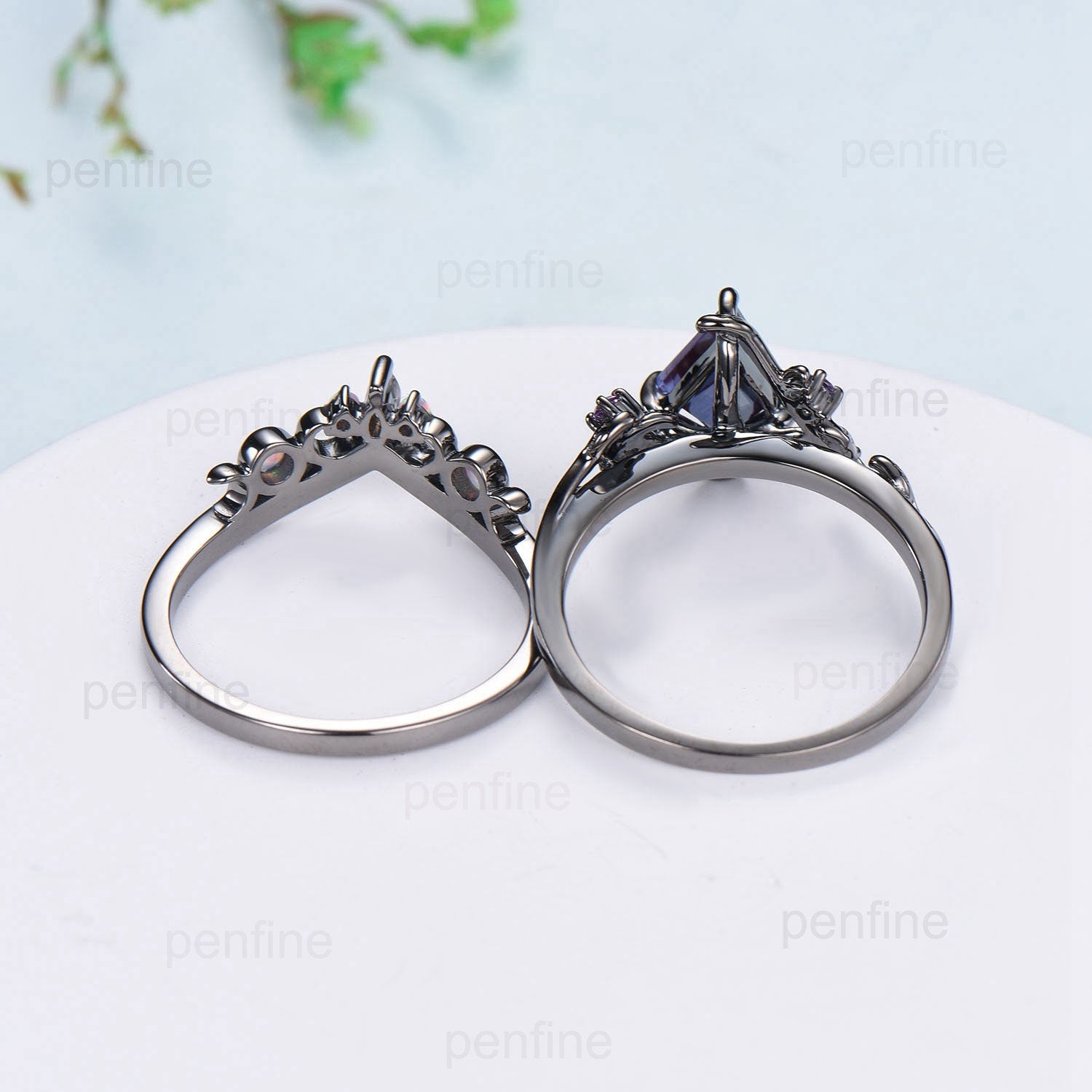Vintage Nature Inspired Purple Sapphire & Amethyst Engagement Ring Set with Twig Vine Design - Marquise Moonstone Opal Stacking Wedding Rings for Women, Perfect for Boho Bridal Jewelry, Anniversary Gifts & Everyday Elegance
