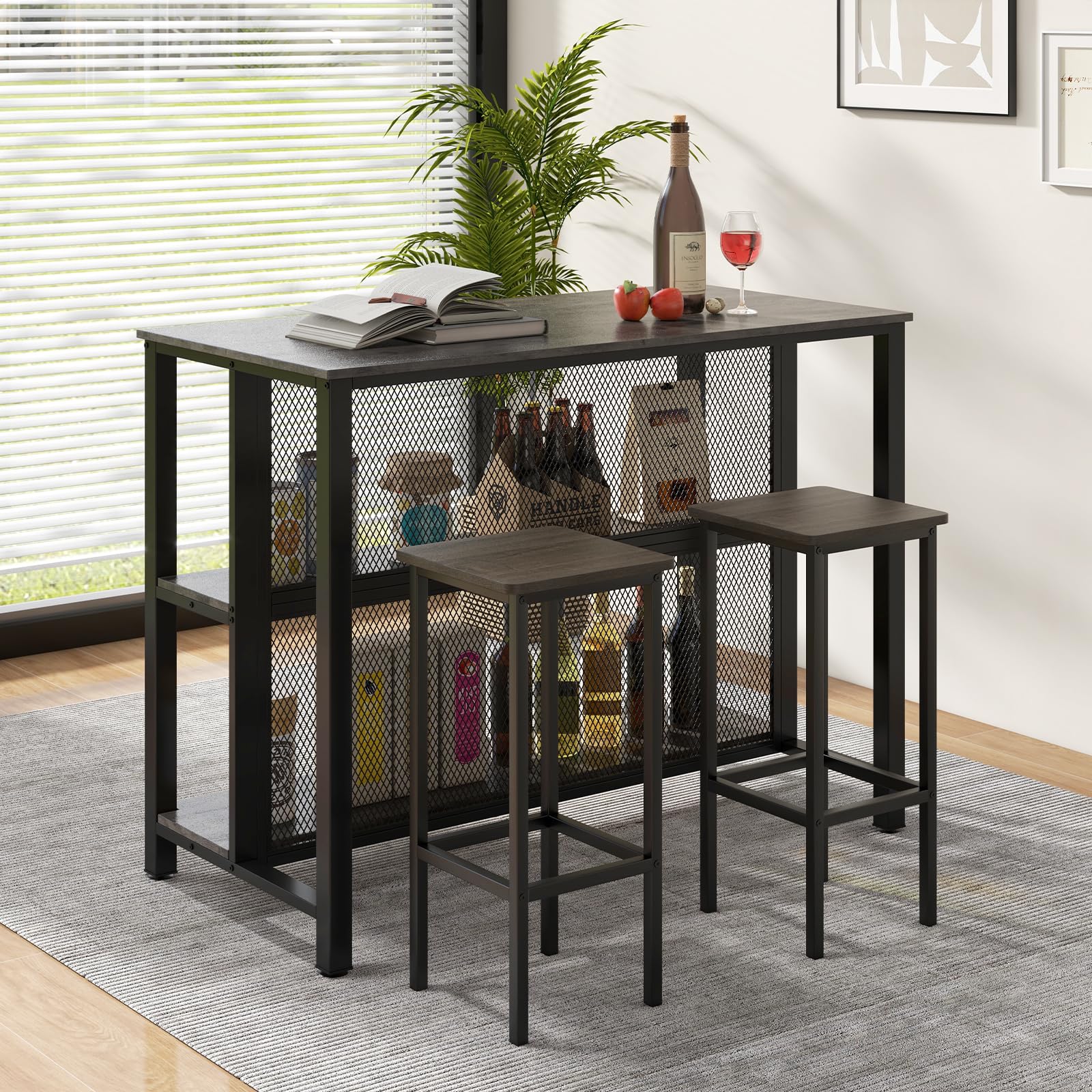 COSTWAY 3-Tier Home Bar Table with Storage Shelves | Metal Frame Bar Cabinet with Adjustable Foot Pads | Kitchen Island, Dining Room & Breakfast Corner Bar Unit (Grey) | Perfect for Small Space Entertaining & Compact Home Bars