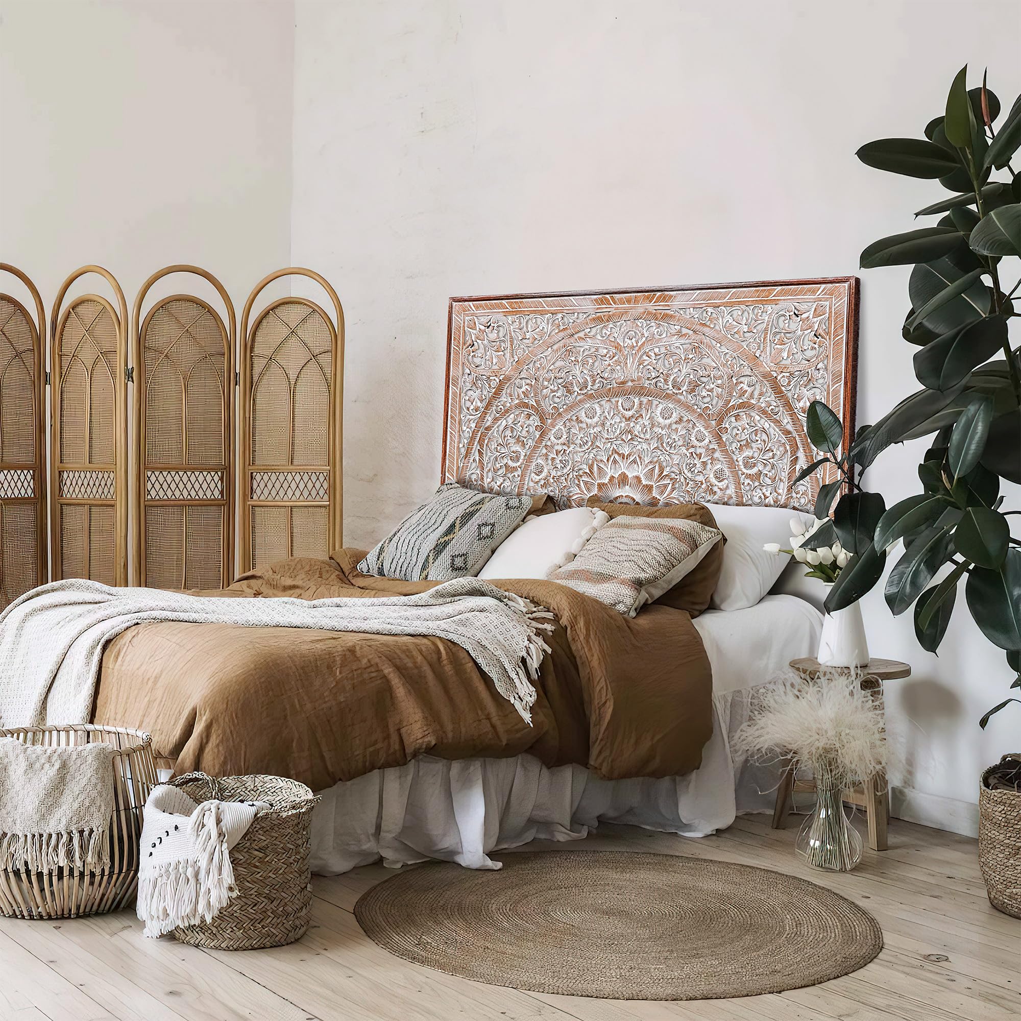 King Size White Washed Wood Headboard - Carved Full Bed Headboard Only | Solid Wood Headboard for King/Cal King Beds | Wall Mounted Bedroom Headboard Panel | Perfect for Master Bedroom, Guest Room & Farmhouse Decor