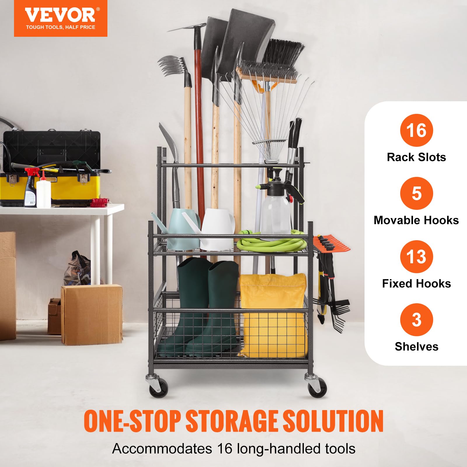 VEVOR 16-Slot Garden Tool Organizer with Hooks & Wheels - Heavy Duty Metal Yard Tool Tower Rack for Garage, Shed & Outdoor Storage - Perfect for Long-Handled Tools, Rakes & Brooms - Ideal for Home, Farm and Garden Organization
