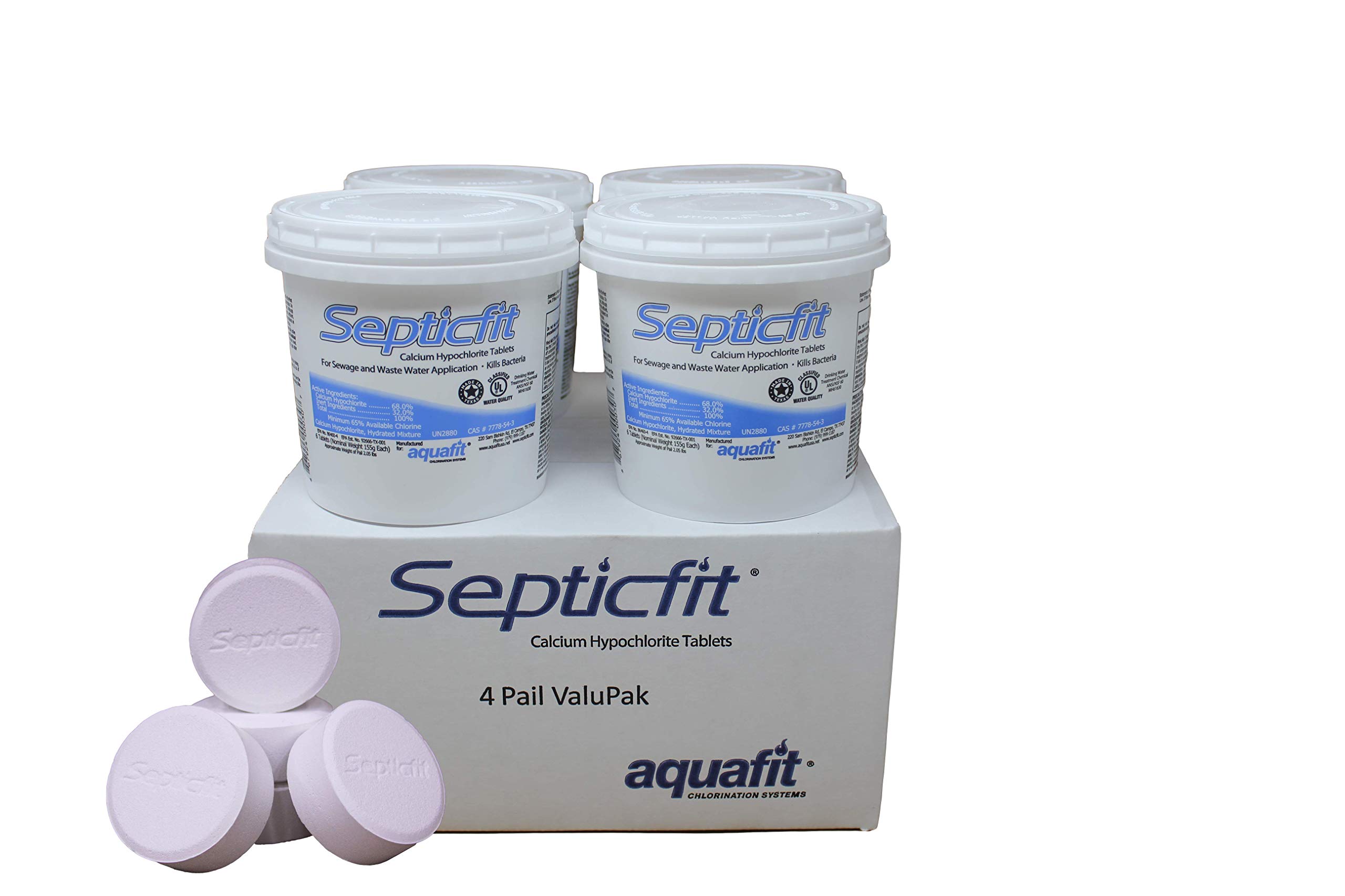 Septic Chlorine Tablets - 4 Pail Value Pack (6 Tablet Pails, 8.2 lbs) - Wastewater Treatment for Septic Tanks & Portable Toilets - Not for Swimming Pools Use