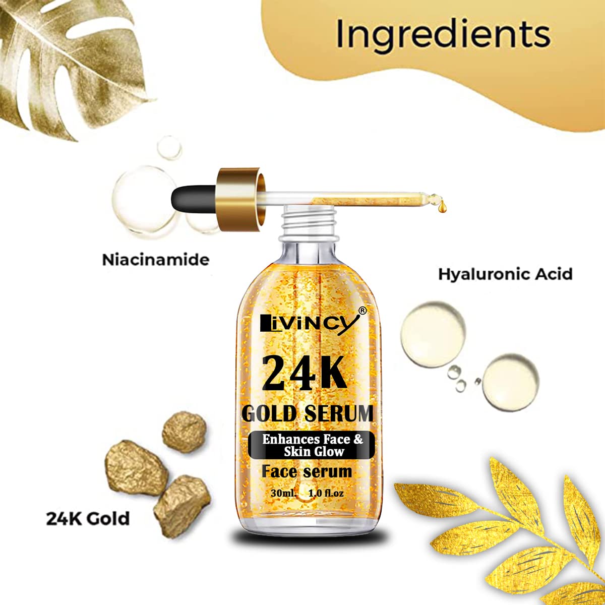 LIVINCY 24K Goldzan Serum - 99.9% Pure Gold Anti-Aging Face Serum for Wrinkles & Fine Lines | 30ml Luxury Skincare for Night & Day Use