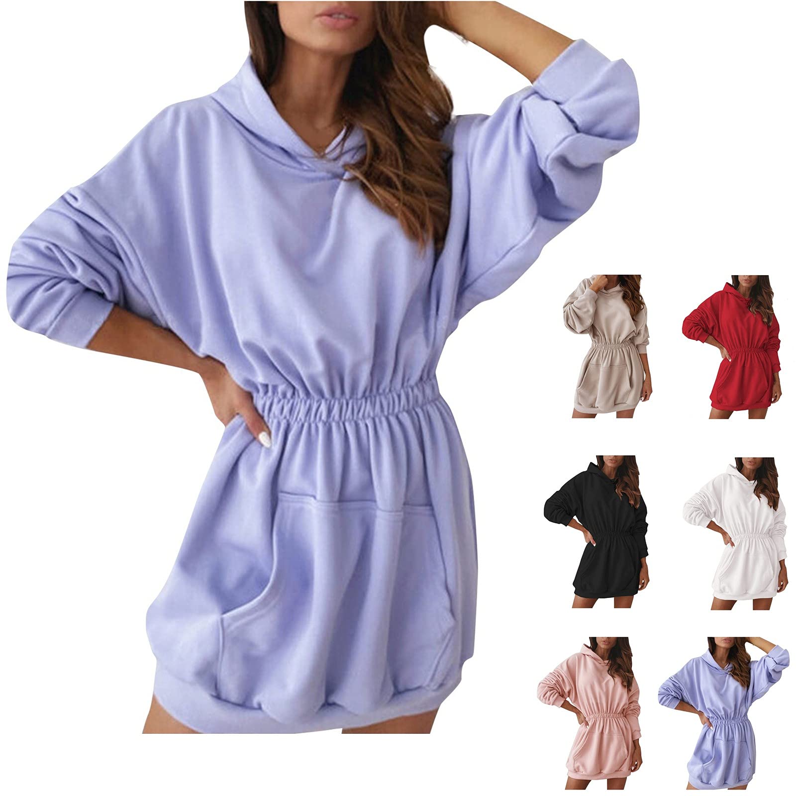 Ovticza Women's Casual Long Sleeve Hooded Tunic Sweatshirt Dress - Solid Color Pullover with Drawstring & Pocket | Perfect for Lounge Wear, Street Fashion & Everyday Comfort
