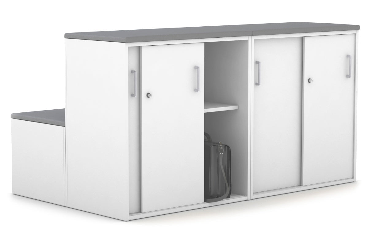 Professional Medical Sliding 4-Door Credenza with Seat Cushion - Uniform Storage Cabinet for Hospitals & Clinics [Silver Handle] - Perfect for Medical Offices, Exam Rooms & Healthcare Facilities