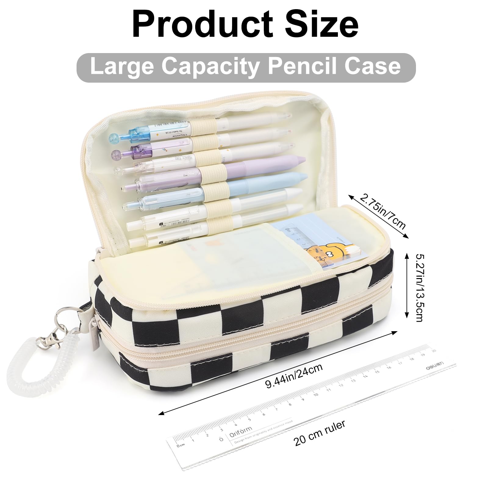 Large Capacity Zippered Pencil Case - Aesthetic Office Stationery & Makeup Organizer for Women & Teen Girls | Perfect for School, Work & Travel (Black)