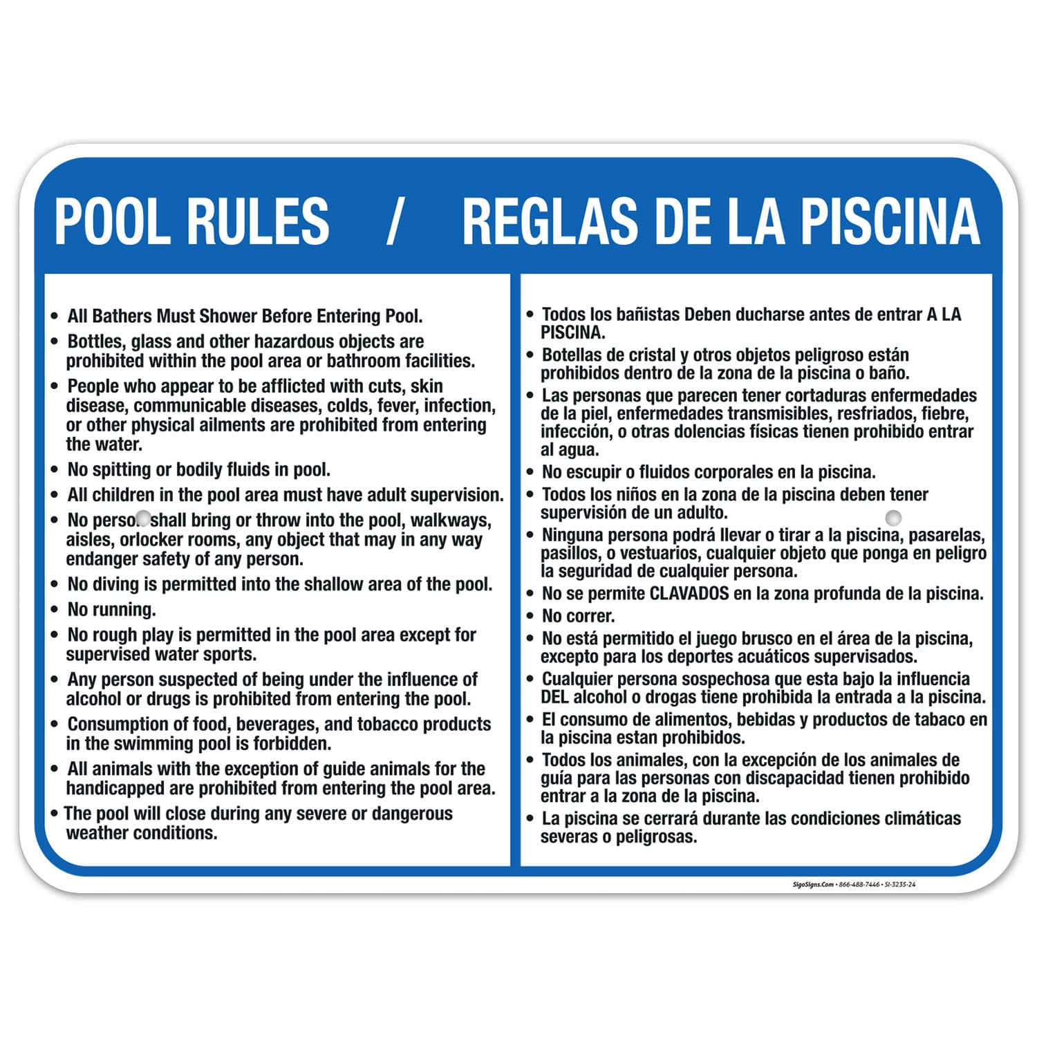 Bilingual Pool Rules Sign - English & Spanish, 18x24 Inches, Rust-Free .063 Aluminum, Fade-Resistant, Easy Mounting for Indoor & Outdoor Use - Made in USA | Perfect for Community Pools, Water Parks & Backyard Swimming Areas