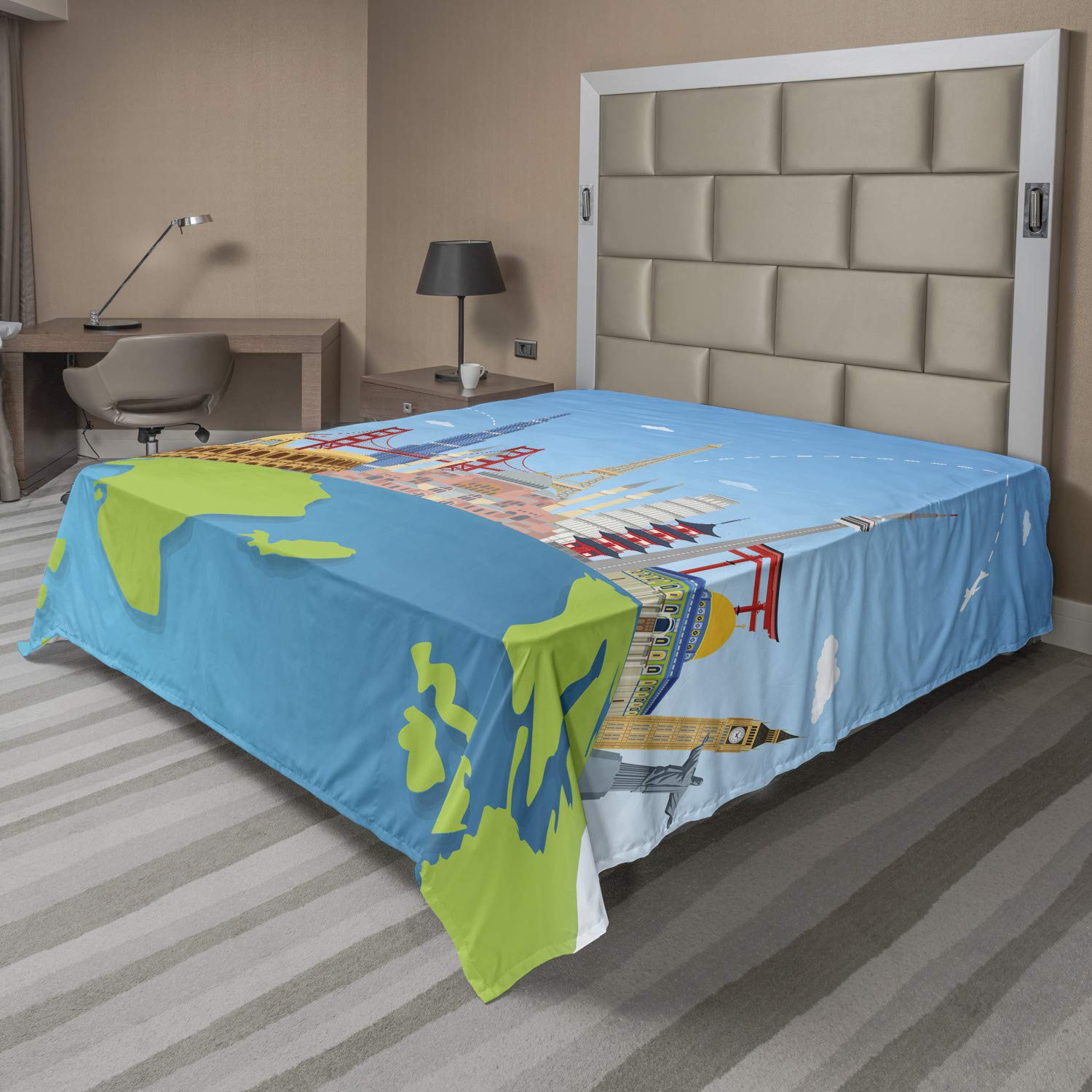 Ambesonne Travel Themed Queen Size Flat Sheet - Famous Architectural Landmarks Print, Soft & Comfortable Decorative Bedding - Deep Sky Blue Multicolor - Perfect for Travel Lovers' Bedrooms, Dorm Rooms & Guest Rooms