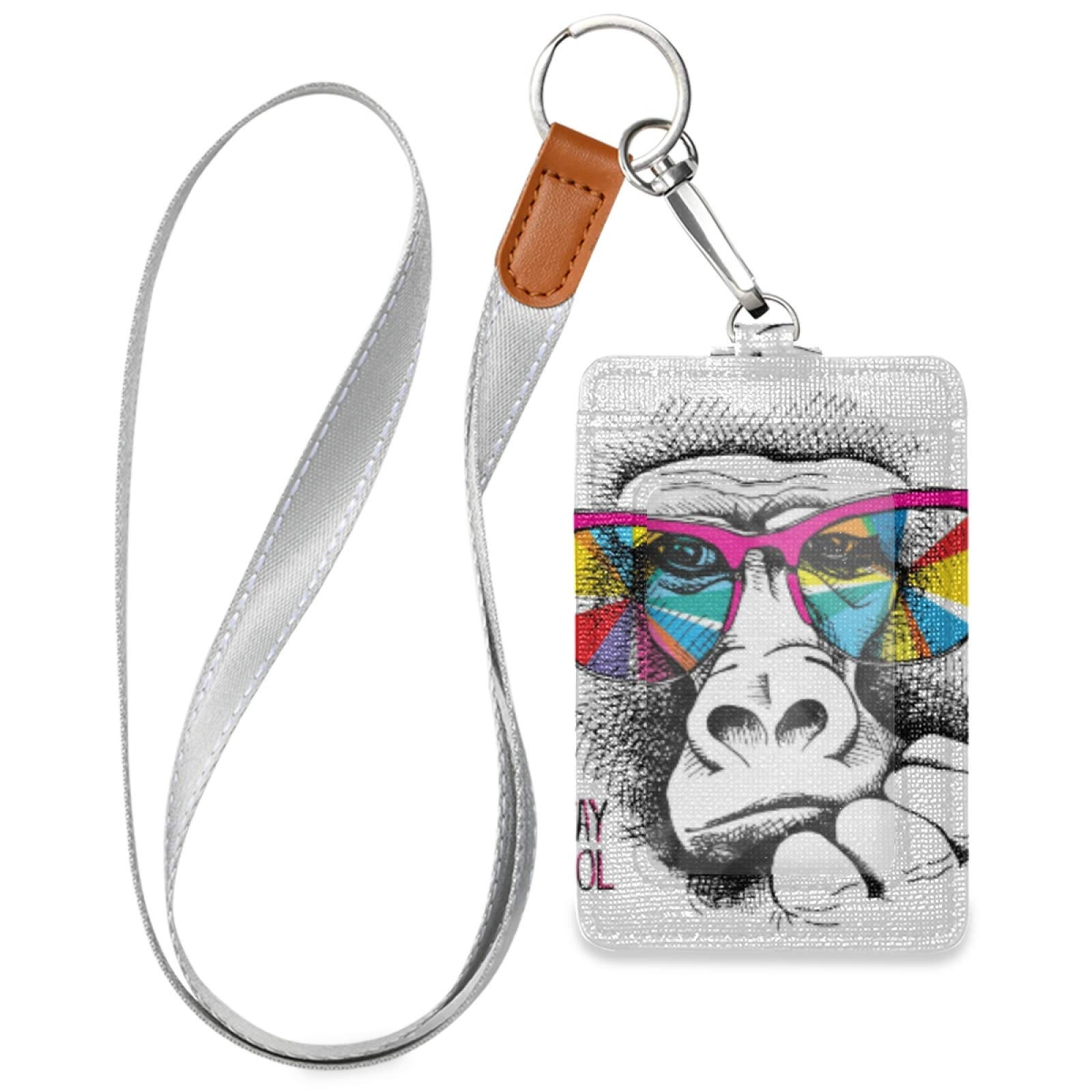 Chimpanzee Vertical Leather ID Badge Holder with Lanyard - Office & School Staff Use