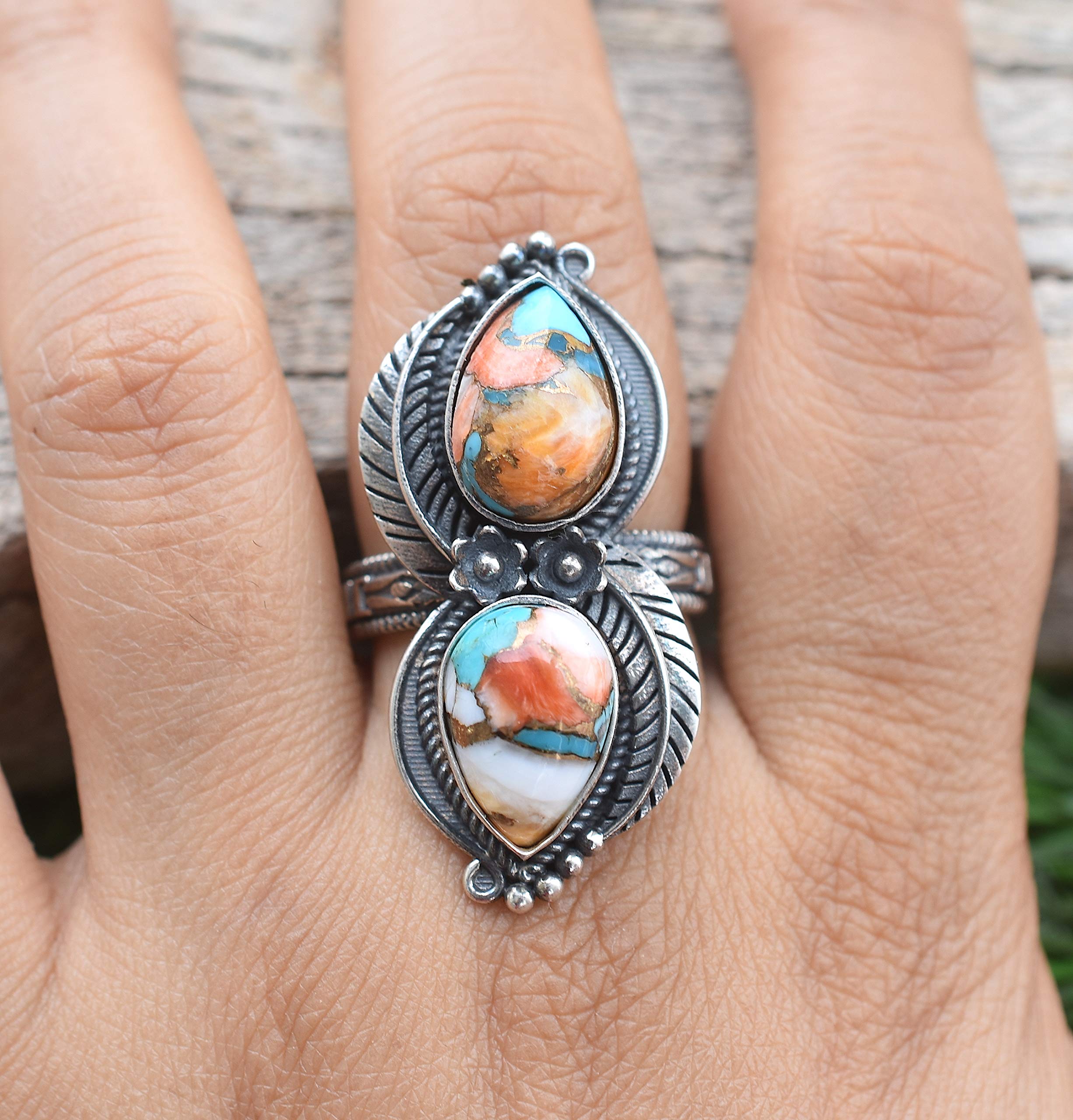 Vintage Handmade 925 Sterling Silver Oyster Copper Turquoise Ring - Boho Hippie Jewelry - Spiny Turquoise Birthstone Ring - Perfect Birthday Gift for Women - TQ-10 | Great for Festivals, Boho Fashion & Everyday Wear