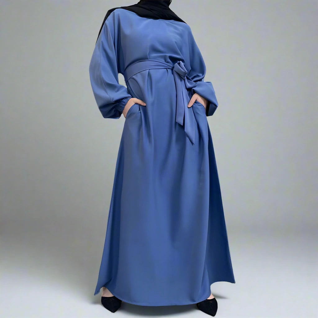 14 Color Options Elasticized Cuff Nida Abaya Dress With Pocket - Modest Muslim Dress for Prayer, Eid & Special Occasions