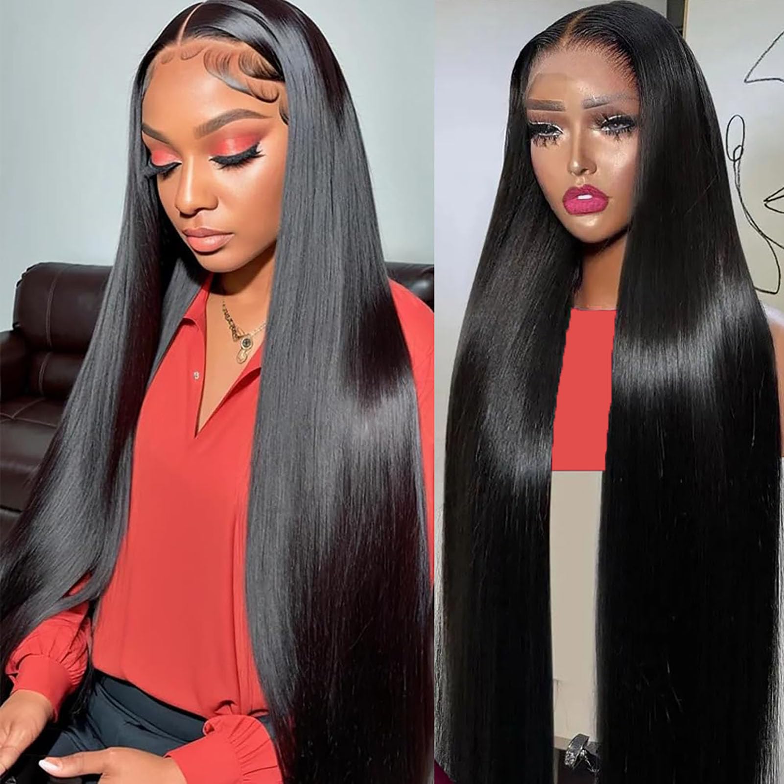 34 Inch Straight Lace Front Wigs Human Hair - Pre Plucked 200% Density 13x4 HD Lace Frontal - Brazilian Virgin Hair Glueless Wig with Bleached Knots - Perfect for Daily Wear, Cosplay & Special Occasions