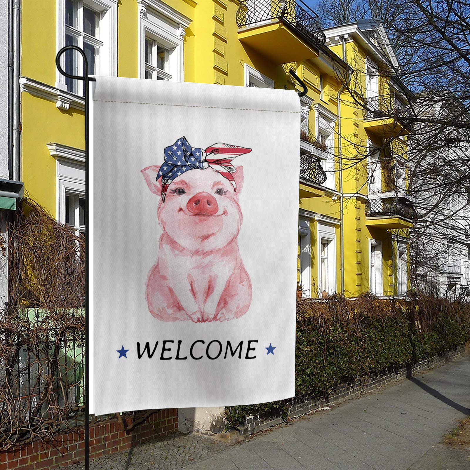 Premium 28x40 Inch Mini Garden Flag - Happy Independence Day American Farm Pig Print Welcome Flag, Weather Resistant & Double Stitched Burlap Outdoor Decor for Yard, Garden, Porch & Patio Celebrations