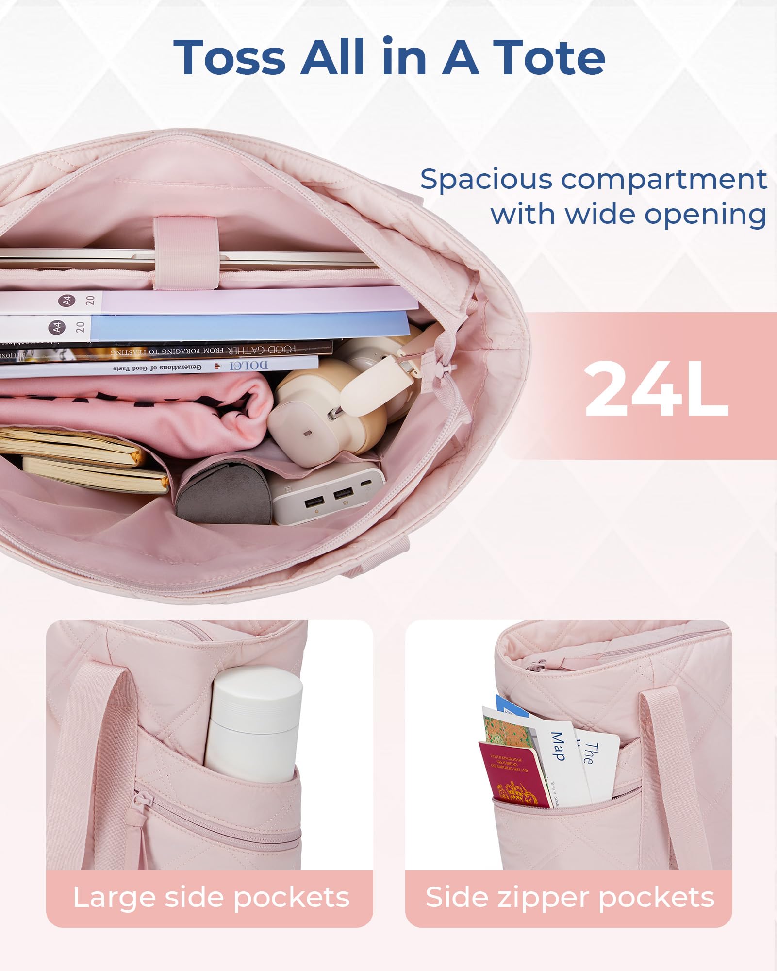 BAGSMART Quilted Puffer Tote Bag for Women - Large Zippered Carry On Travel Bag, Stylish Nurse Work Bag & Essential Organizer for Commuting, Work, Shopping & Weekend Getaways
