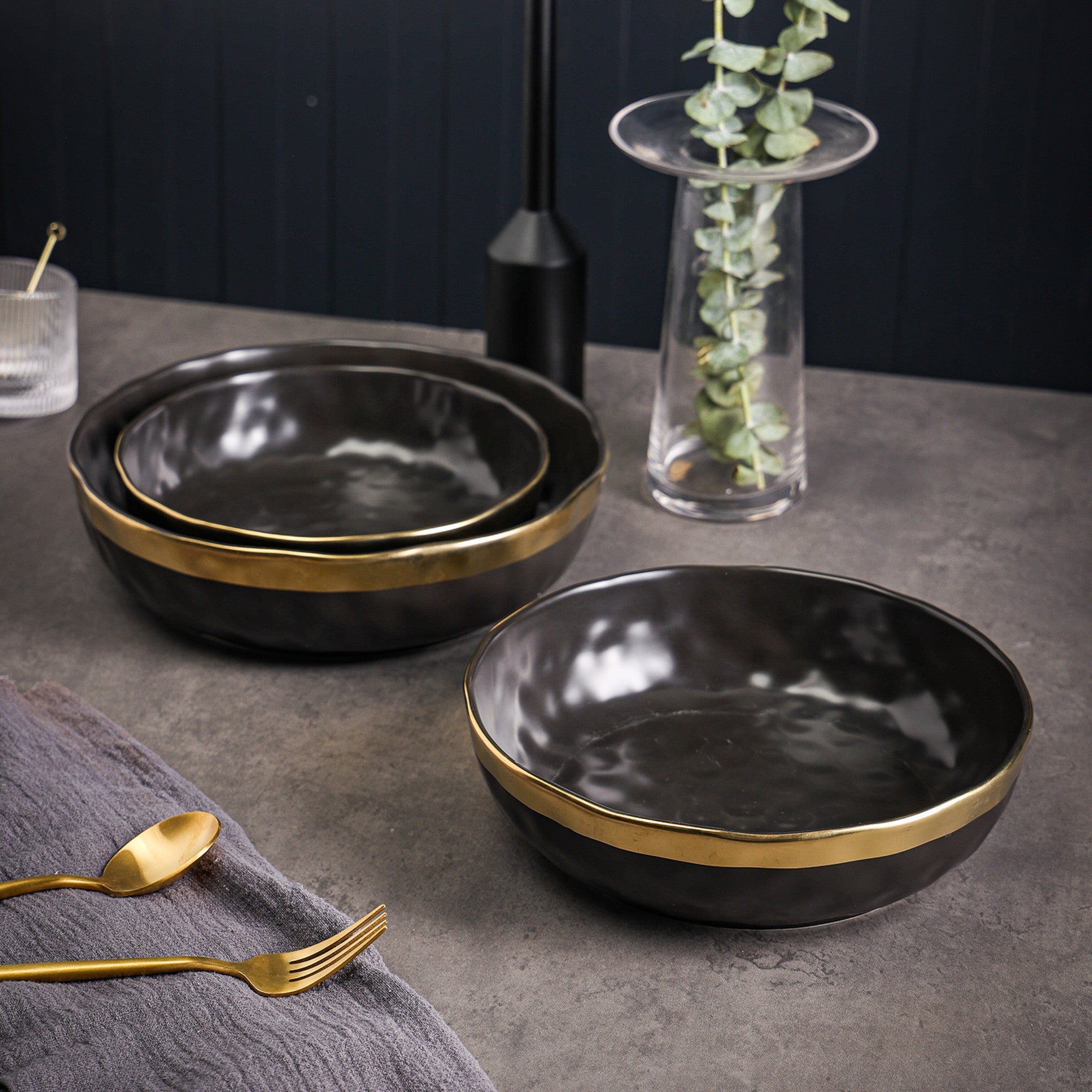 Florian Porcelain Dinner Bowl Set - 6-Piece Black Ceramic Bowls for Soup, Salad & Dessert | Elegant Tableware for Home Dining & Entertaining