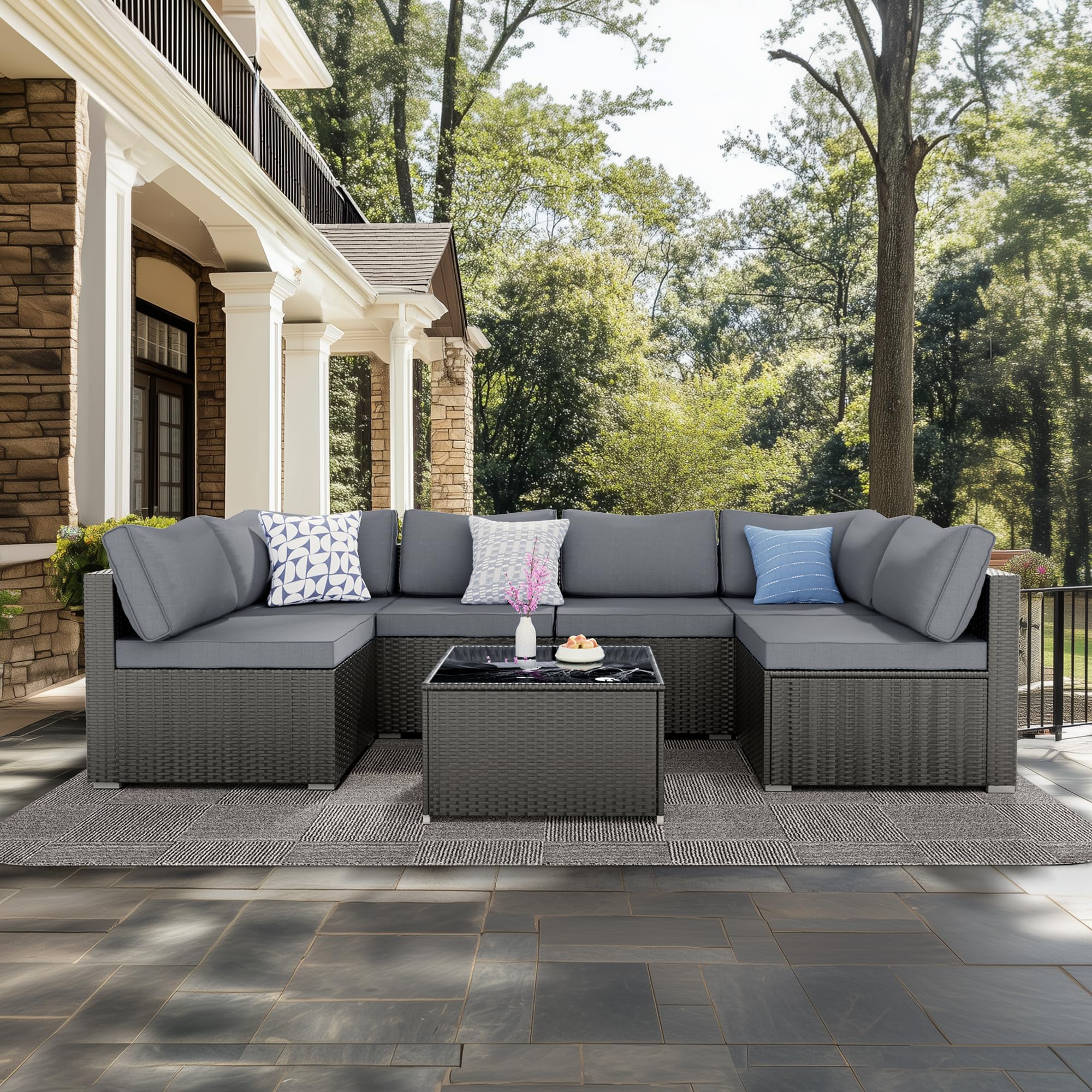7-Piece Patio Furniture Set Outdoor Sectional Wicker Rattan Sofa with Cushions & Glass Table - Modular Conversation Set for Porch, Poolside, Backyard, Garden & Outdoor Living Spaces