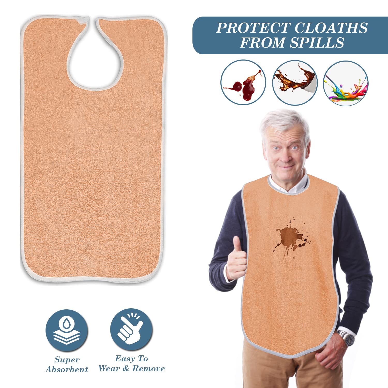 6 Pack Terry Adult Bibs with Velcro Closure - Soft Peach Color for Elderly Care, Dementia Patients & Mealtime Protection - Washable & Comfortable for Daily Use