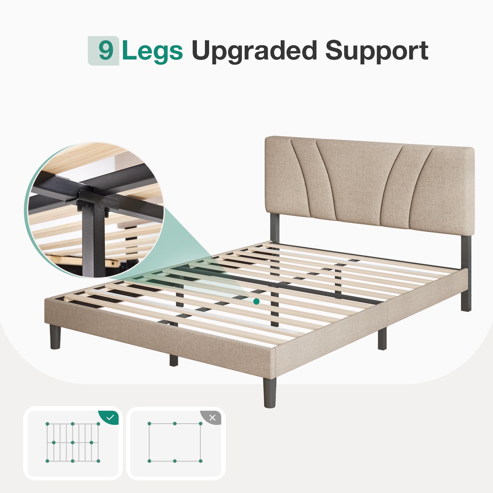 Novilla Queen Size Bed Frame with Upholstered Headboard - Wood Slat Support, No Box Spring Needed, Heavy Duty Metal Feet, Easy Assembly, Beige Fabric - Perfect for Master Bedroom, Guest Room & Apartment