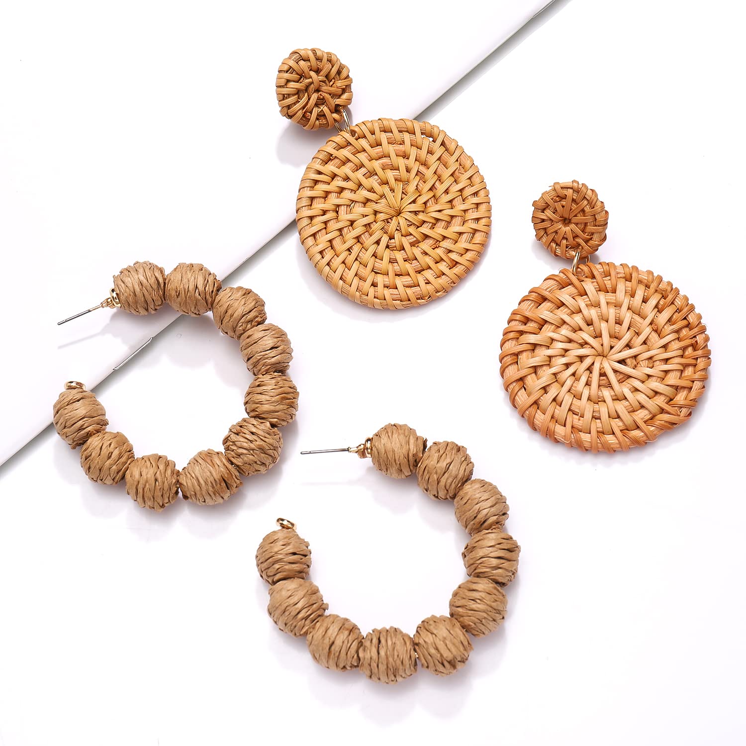 Boho Rattan Ball Hoop Earrings for Women - Handmade Summer Beach Dangle Earrings Set, Statement Straw Wicker Jewelry - Perfect for Vacation, Festival, and Boho Fashion Accessories