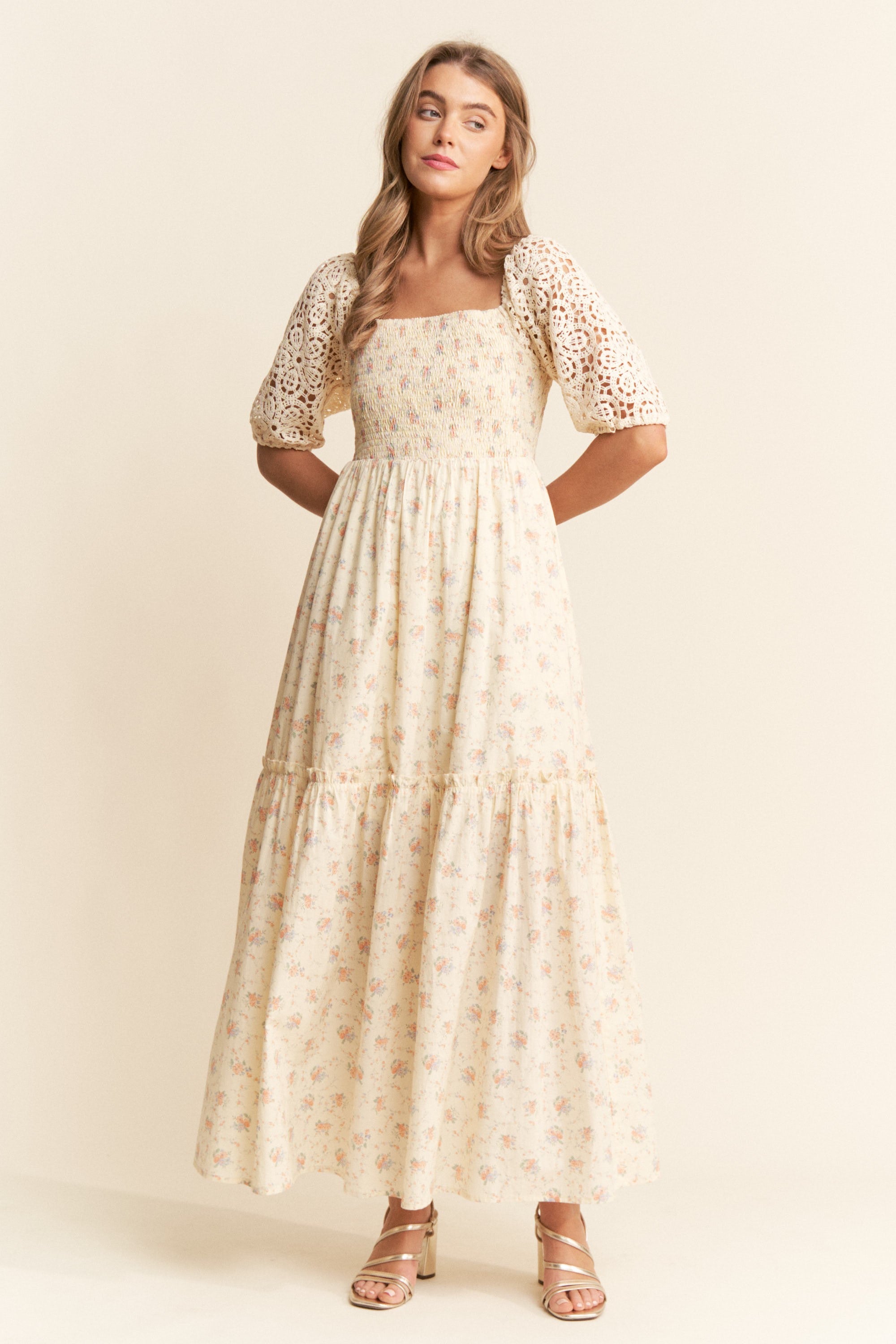 Beige Floral Print Smocked Crochet Tiered Maxi Dress for Women | Boho Summer Beach Dress | Perfect for Vacations, Weddings & Outdoor Parties