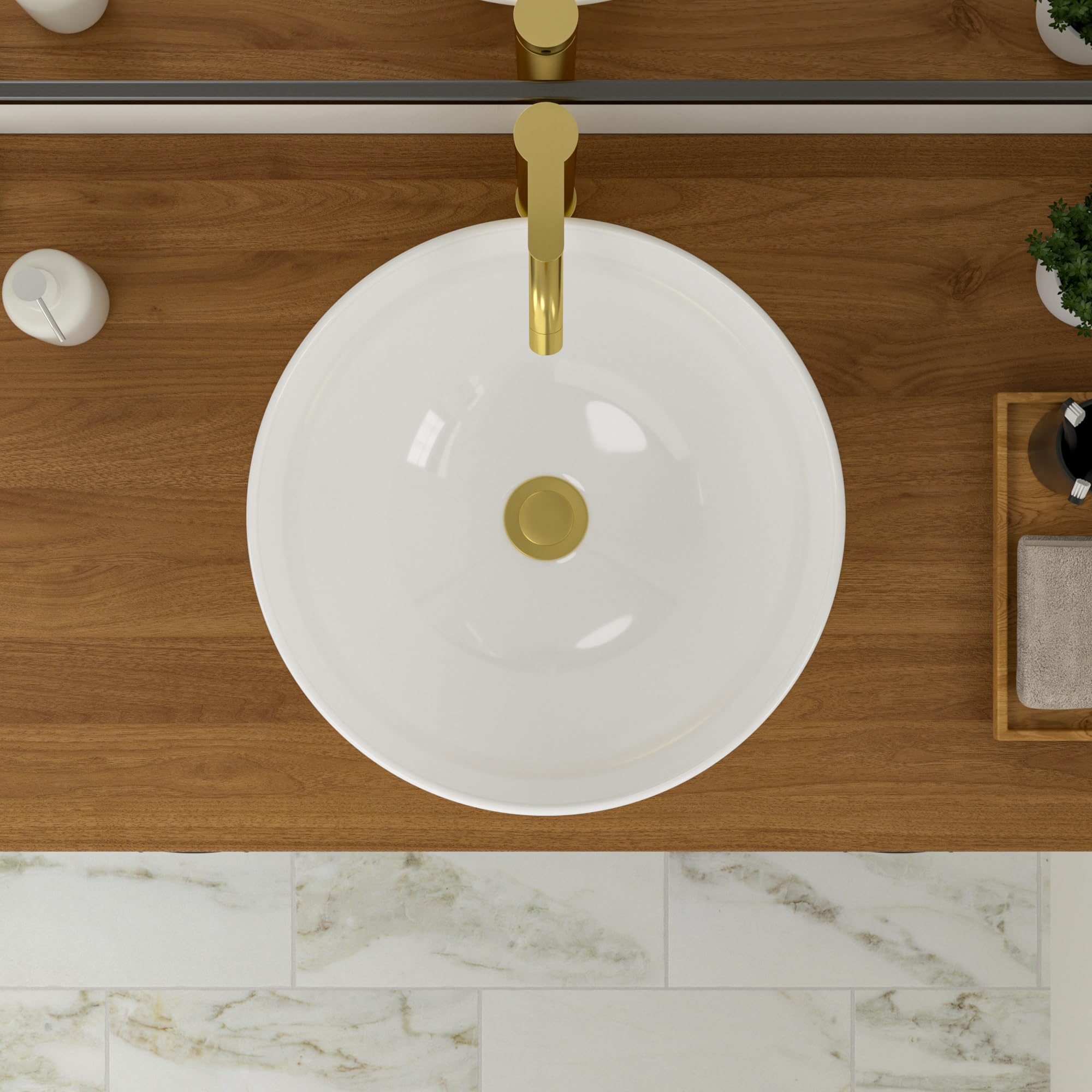 Logmey 16x16 Inch Round White Porcelain Vessel Sink - Modern Above Counter Bathroom Vanity Basin for Powder Room, Guest Bath & Master Bath | Durable Ceramic Design