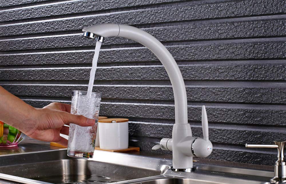 HUIN White 3-Way Purification Kitchen Faucet with Dual Water Outlet & Filter - Dual Handle Mixer Tap for Clean Drinking & Cooking Water | Perfect for Modern Kitchens & Food Prep Stations