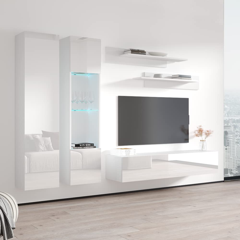 Modern White Wall-Mounted TV Stand with Storage Shelves & LED Lights - Floating Entertainment Center Console for Bedroom & Living Room - Perfect for Small Spaces & Home Theater Setup - Meble Furniture Fly A5 30TV Stand