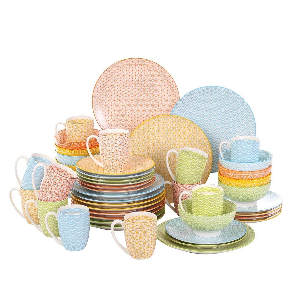 48-Piece Porcelain Dinnerware Set - Blue, Yellow & Red Ceramic Plates, Bowls, Cups for 8 People | Complete Tableware Service with Dinner Plates, Dessert Plates & Bowls | Perfect for Family Gatherings, Dinner Parties & Housewarming Gifts