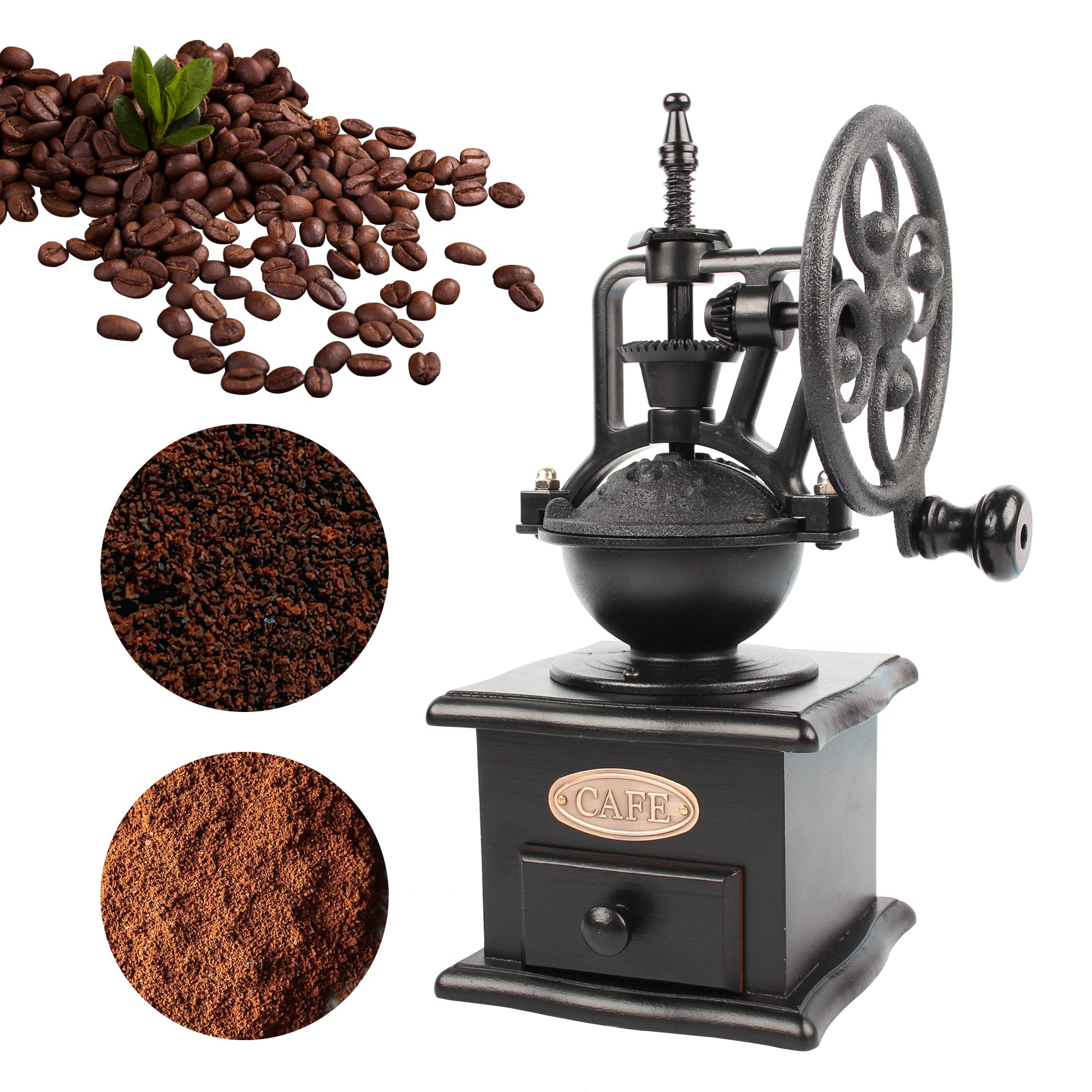 Premium Manual Coffee Grinder - Antique Wooden Coffee Bean Mill with Cast Iron Hand Crank for Fresh Ground Coffee | Perfect for Espresso, French Press & Pour Over | Vintage Kitchen Decor & Unique Gift Idea (Black with 4-Stable Base)