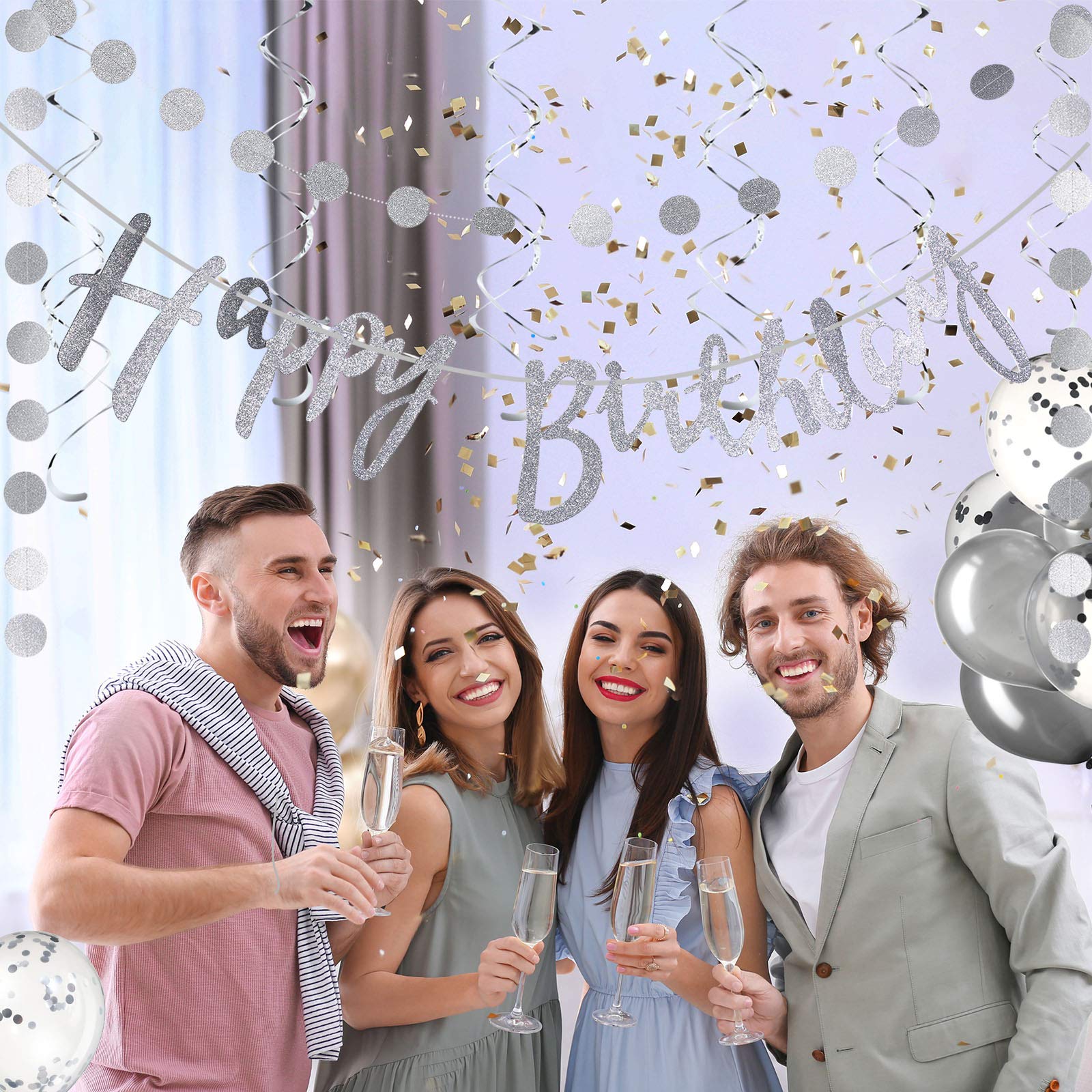 Silver Glitter Happy Birthday Banner Decoration Kit with Balloons, Circles & Swirls - Perfect for Baby Showers, Weddings, Anniversaries & Birthday Parties | Party Supplies & Hanging Decorations