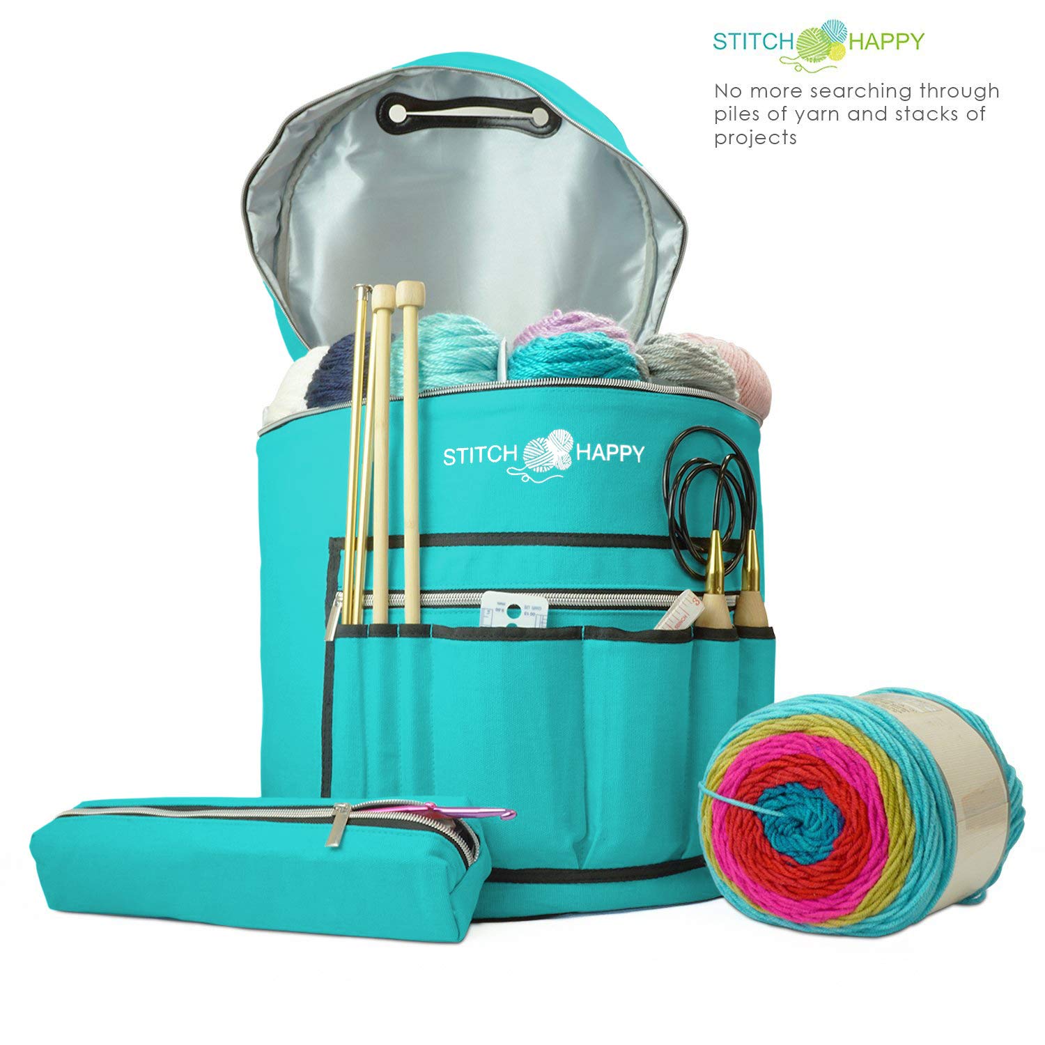 XL Knitting Bag with 7 Pockets - Peacock Design Yarn & Crochet Storage Organizer for Crafters | Perfect for Needlework, Knitting Projects & Travel Accessories