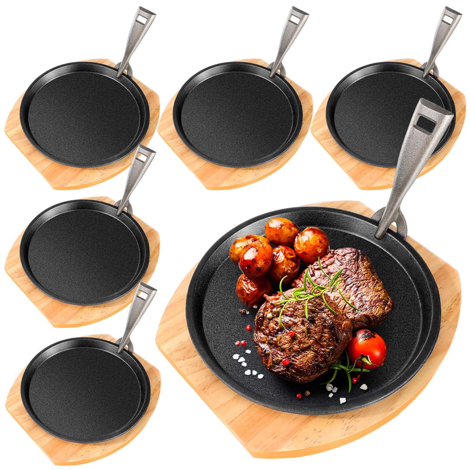 6-Piece Cast Iron Fajita Plate Set with Wooden Base - Anti-Scald Protection & Removable Handle - 8.7 Inch Sizzling Skillets for Home, Restaurant & BBQ - Perfect for Sizzling Fajitas, Steak, Seafood & Sizzler Dishes at Parties & Outdoor Cooking