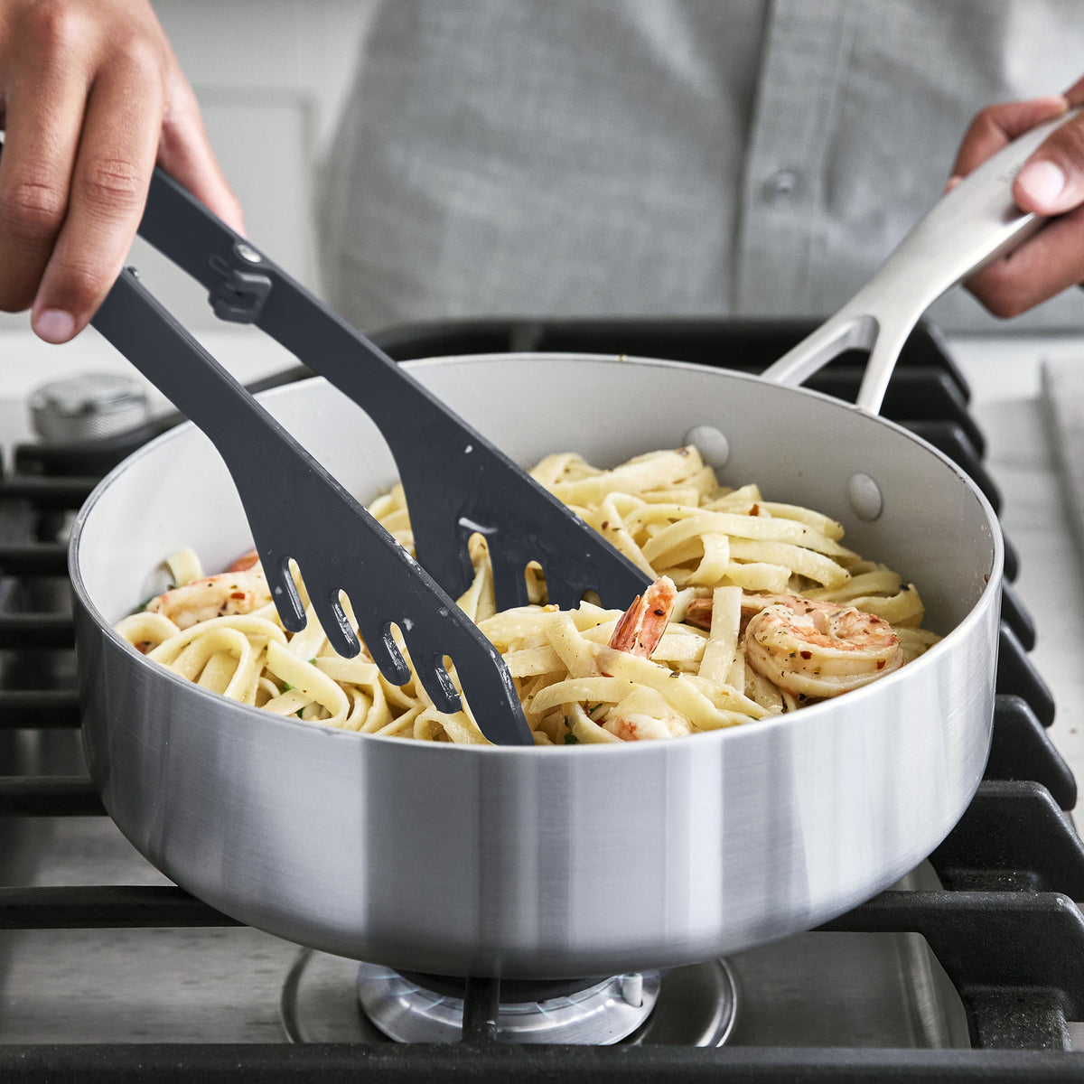 Premium Platinum Silicone Pasta Tongs - Heat Resistant Kitchen Utensil for Cooking, Serving & Salad Tossing (Gray) | Ideal for Pasta Dishes, BBQ, and Buffet Serving