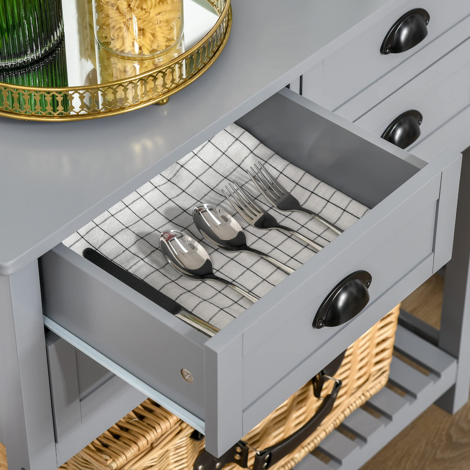 HOMCOM Gray Coffee Bar Cabinet - Kitchen & Living Room Sideboard Buffet with 4 Drawers & Slatted Bottom Shelf | Perfect for Home Bar Setup, Dining Room Storage & Small Space Organization