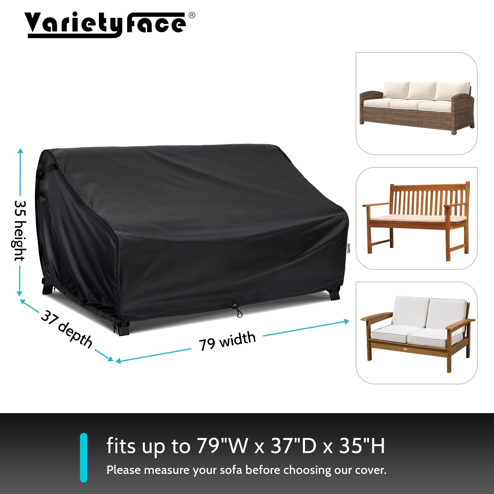 Waterproof 3-Seater Outdoor Sofa Cover - 79Wx37Dx35H Inches, Sunproof Patio Furniture Covers for Lawn, Garden & Backyard - Heavy Duty Black Sofa Protector for Rain, Snow & UV Protection