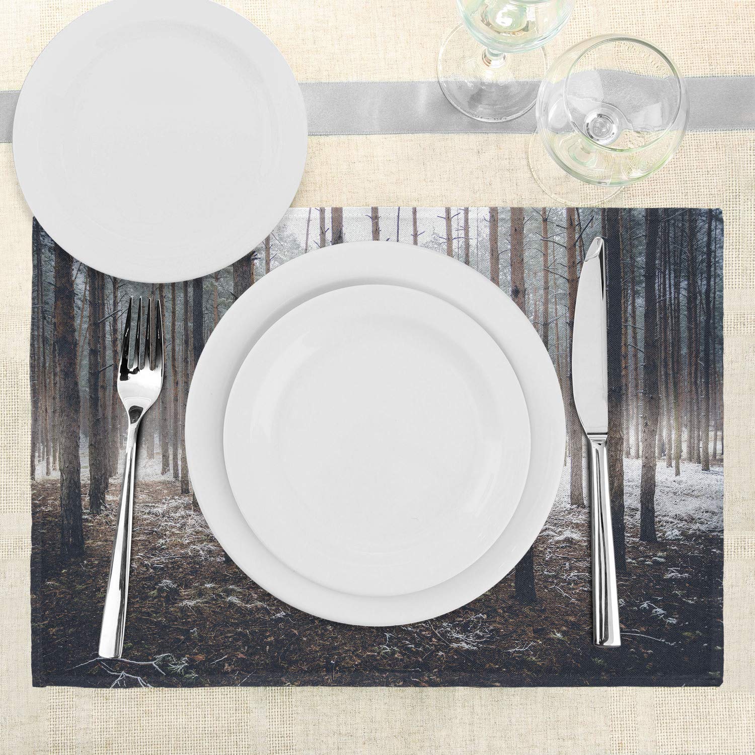Ambesonne Winter Place Mats Set of 4 - Dark Spooky Misty Forest with Fog and Mystic Birches Print - Washable Fabric Placemats for Dining Room & Kitchen Table Decor - Brown & White - Perfect for Holiday Dinners, Cozy Gatherings, and Seasonal Home Decor