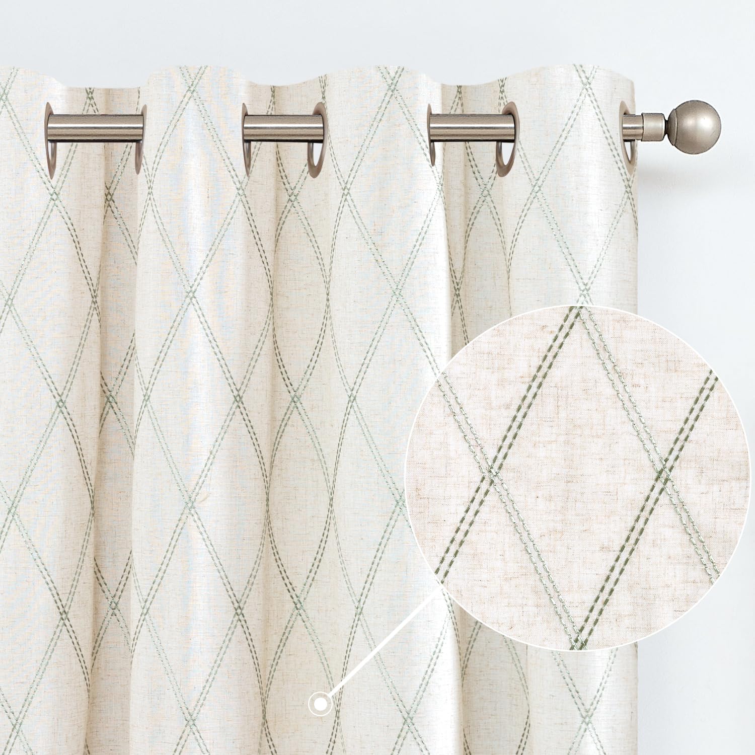 Premium Linen Curtains for Living Room & Bedroom - Green Diamond Embroidered Geometric Pattern Window Drapes, Flax Grommet Blackout Curtains Set (95