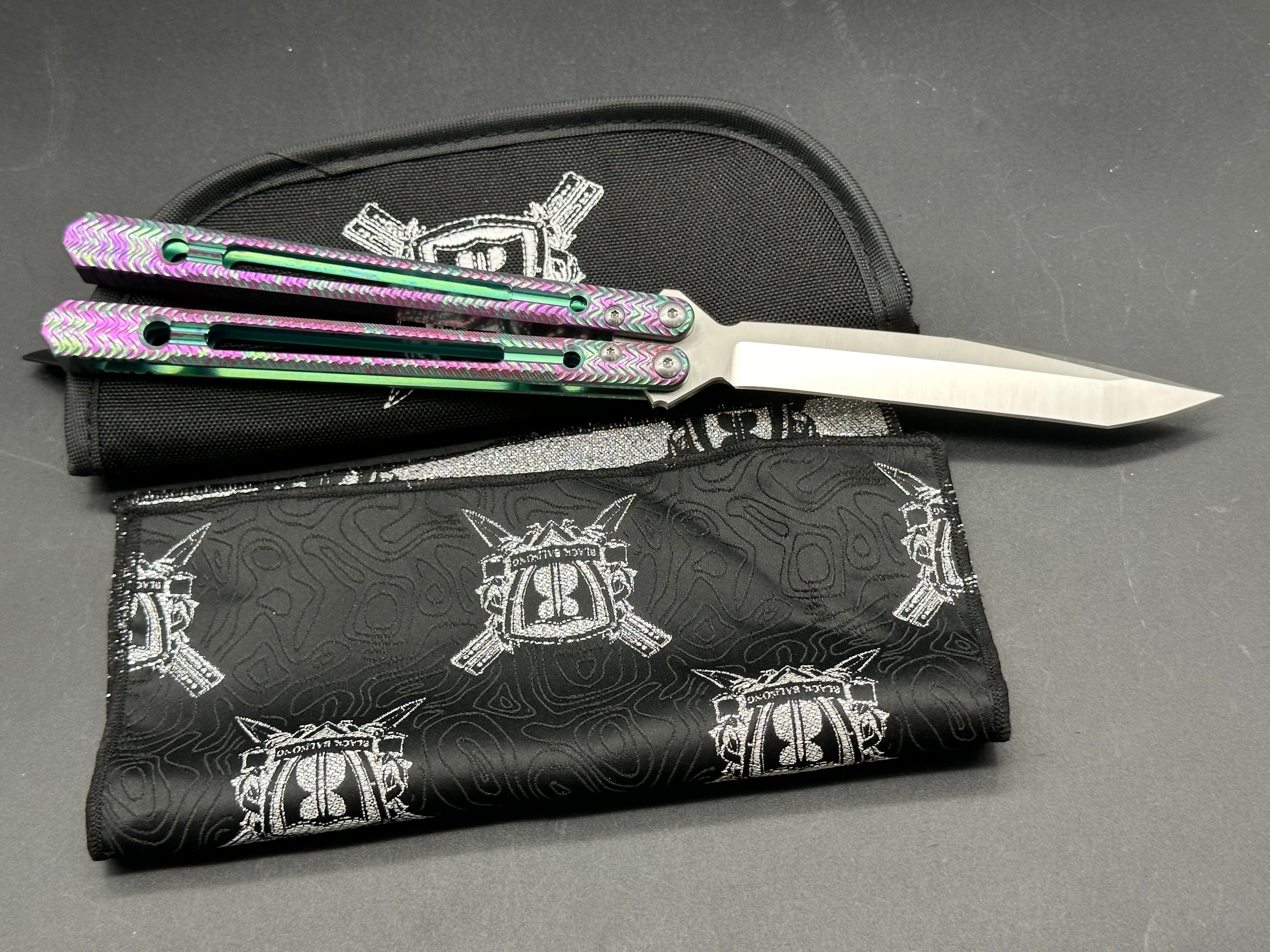 Black Balisong Reaper V2 Butterfly Knife - Spot Anodized Milled Titanium Channel Handles, Tanto Blade, Satin M390 Steel | EDC, Tactical Use & Collector's Item