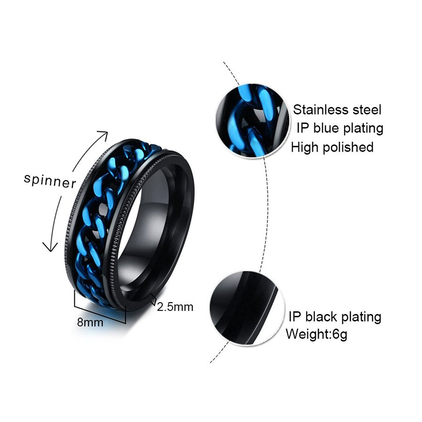 8mm Stainless Steel Spinner Ring for Men - Black & Blue Wedding Band with Grooved Edge - Perfect for Gifts, Engagements, and Everyday Wear