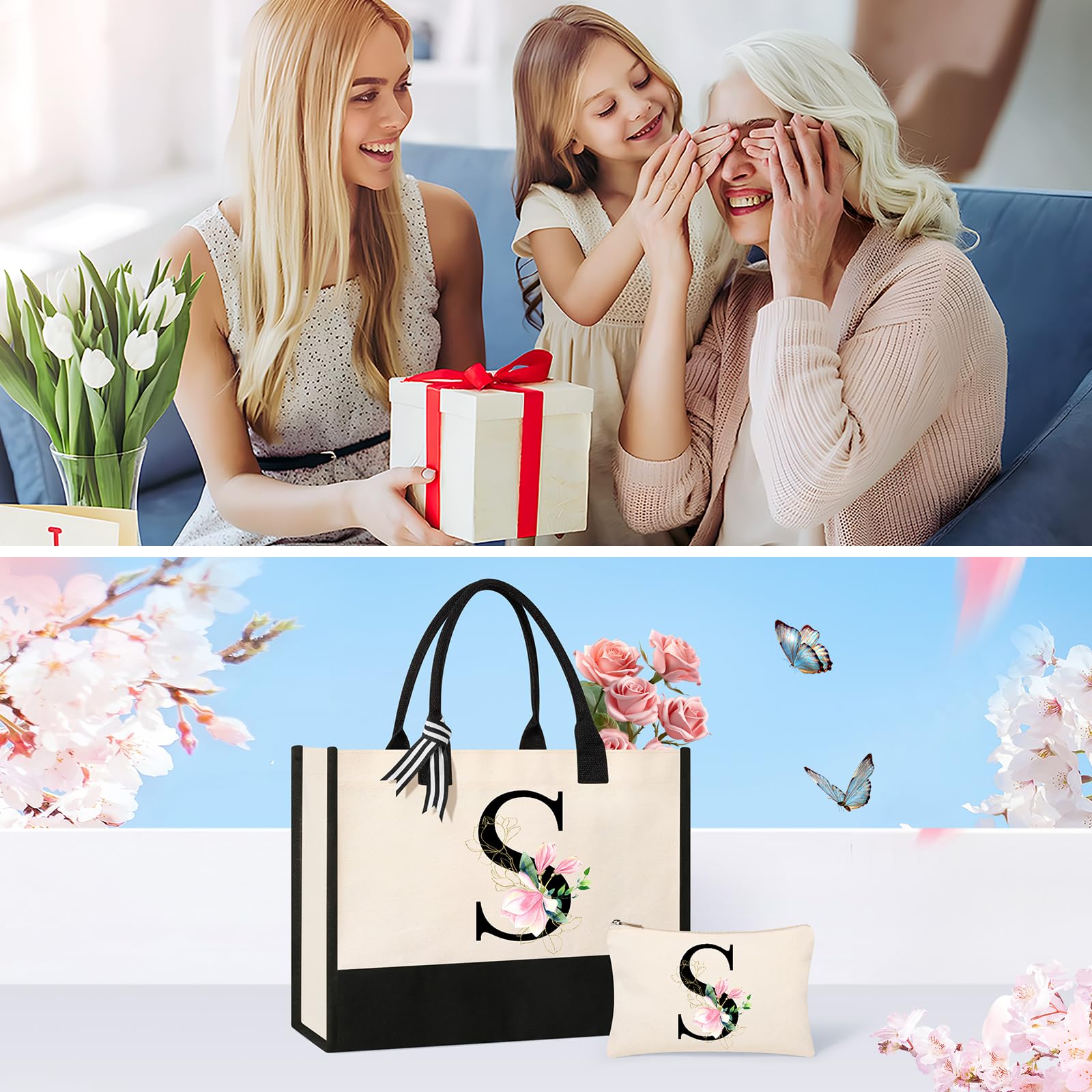 AYGE Personalized Initial Canvas Beach Bag & Cosmetic Tote - Monogrammed Gifts for Women, Sister, Mom, Teacher & Bridesmaid (Small) - Perfect for Beach Trips, Travel & Birthday Presents