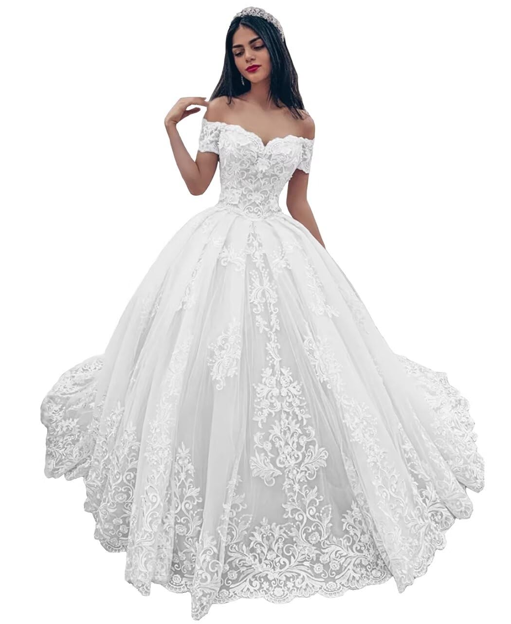 Elegant Off-the-Shoulder Wedding Dress for Bride - Princess A-Line Lace Bridal Gown with Sweetheart Neckline & Tulle Skirt | Perfect for Beach, Church, or Garden Weddings