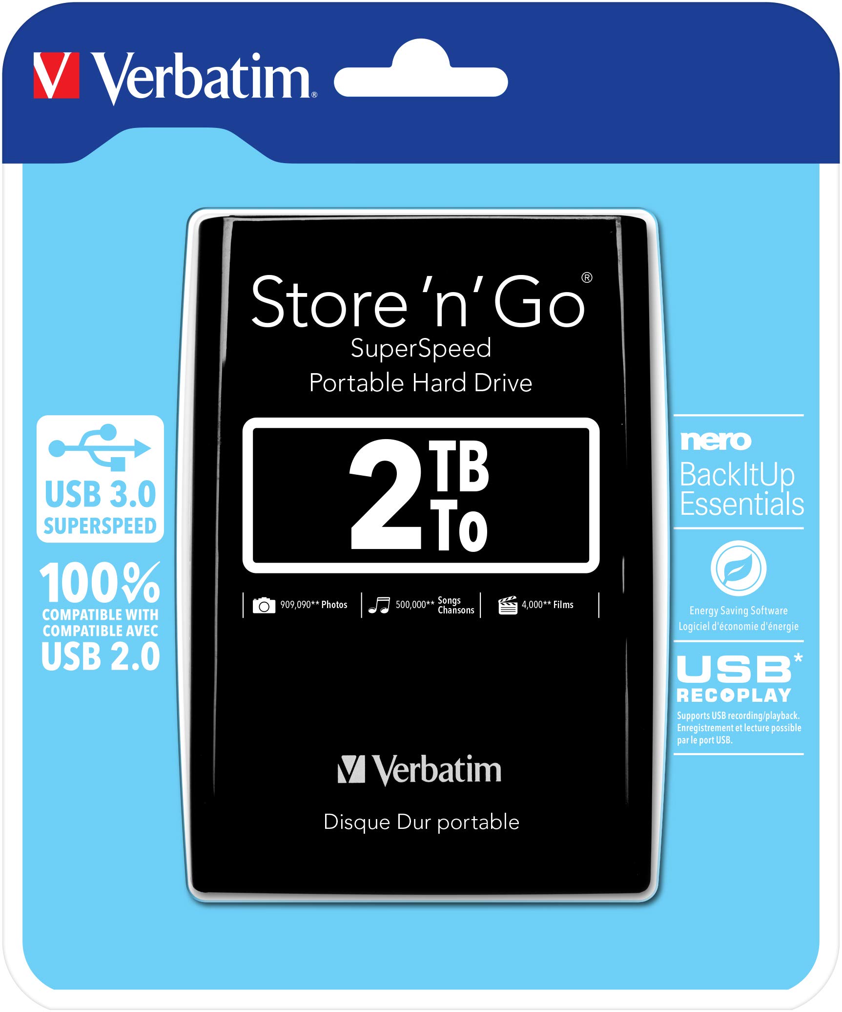 Verbatim 2TB External Hard Drive Portable USB 3.0 for PC Mac - High-Speed Data Storage Backup - Plug & Play for Laptop Desktop Gaming & Office Use