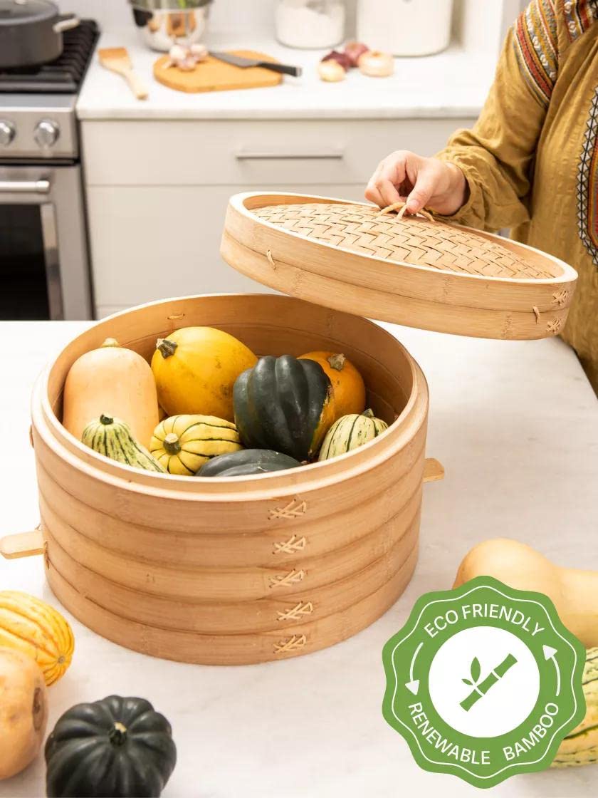 Stackable Bamboo Harvest Basket with Lid - Durable Storage for Fruits, Onions, Garlic & Root Vegetables | Perfect for Farm Stands, Farmers Markets & Kitchen Organization | Gardener's Supply Company