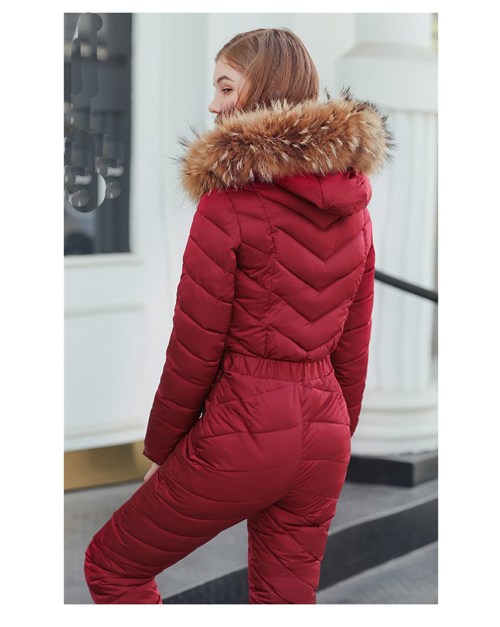 Women's Winter Jumpsuit - Lightweight Warm Windproof Ski Suit with Fur Hood & Collar - Waterproof Snow Coat for Skiing, Snowboarding & Outdoor Winter Activities