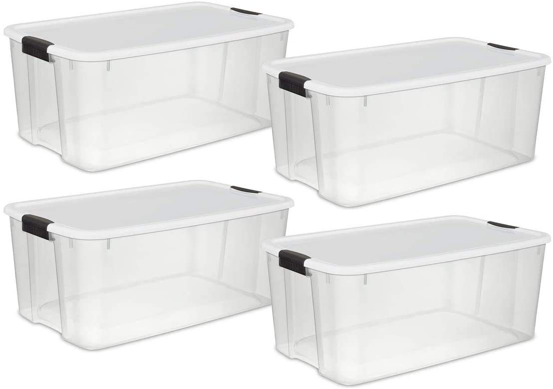 Sterilite 116 Quart Clear Stackable Storage Containers with White Latching Lids - 8 Pack Organizing Solution for Home, Office, Garage & Closet Storage Needs