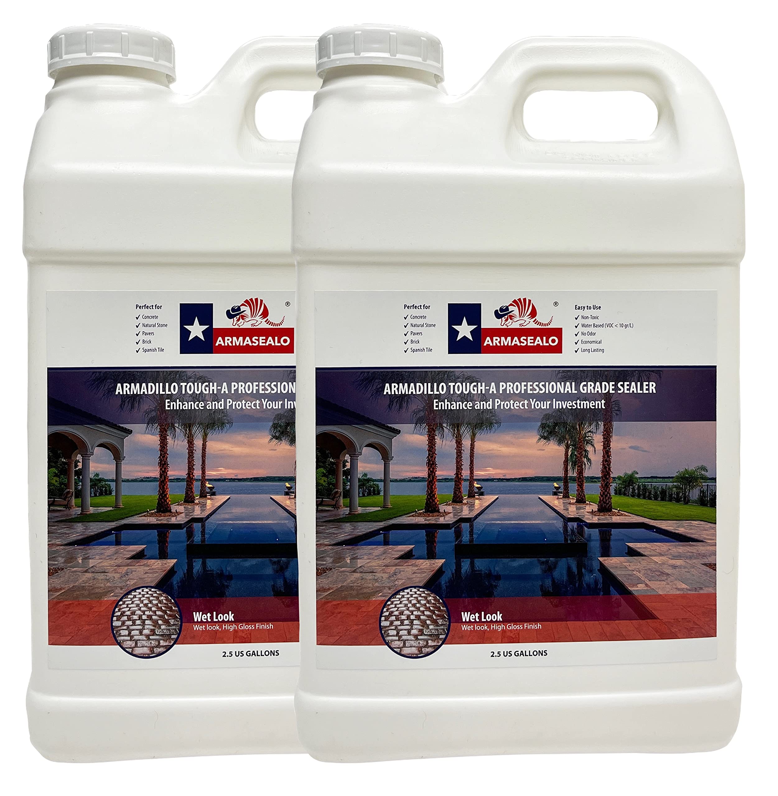 2.5 Gallon Armasealo Wet Look Paver Sealer (2-Pack) - High-Gloss Protective Coating for Natural Stone, Concrete & Pavers - USA-Made - Perfect for Driveways, Patios & Walkways