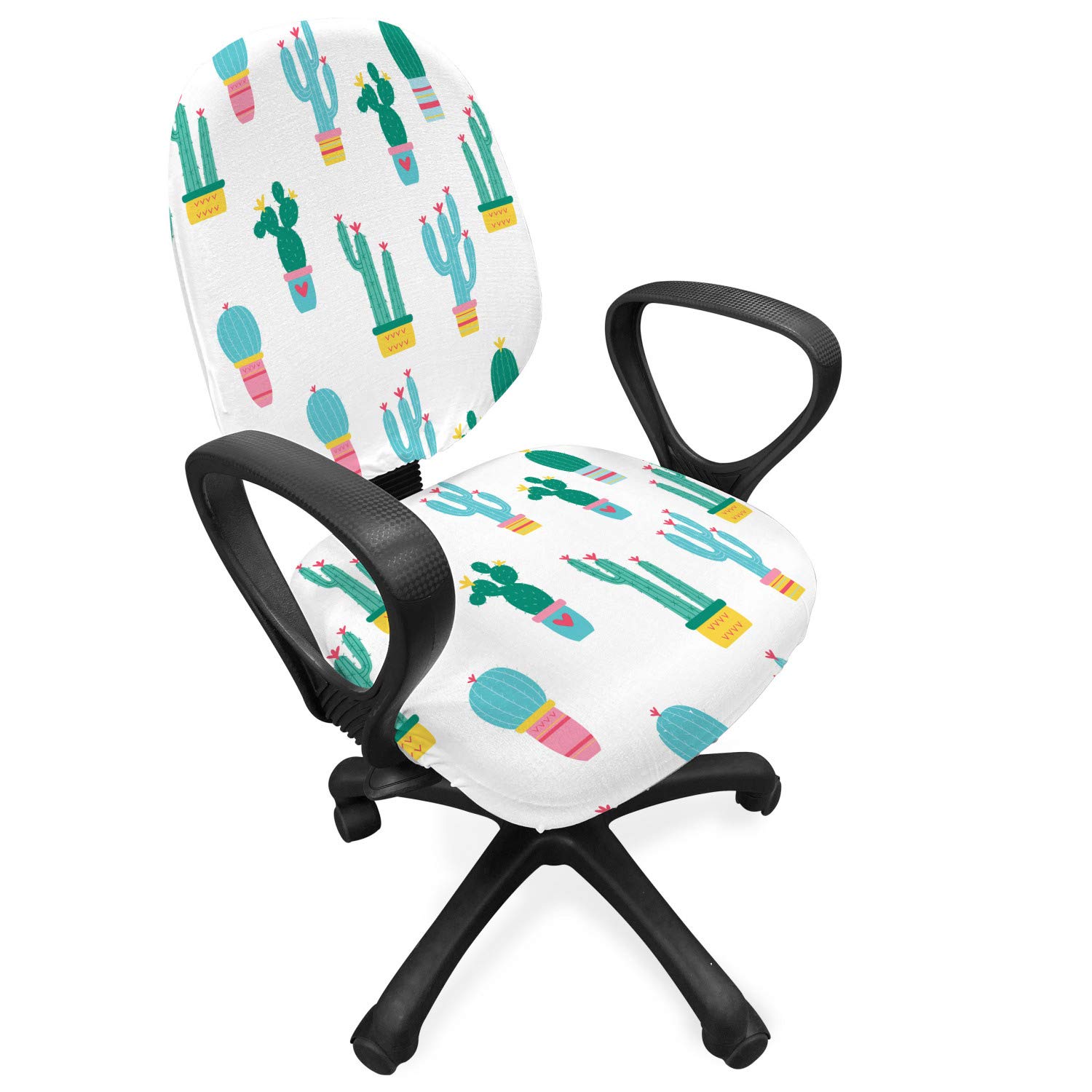 Ambesonne Cactus Office Chair Slipcover - Stretchable Decorative Fabric Cover with Cartoon Prickle Plants in Pots Design, Multicolor Pattern | Perfect for Home Office, Gaming Chair, or Living Room Furniture Protection