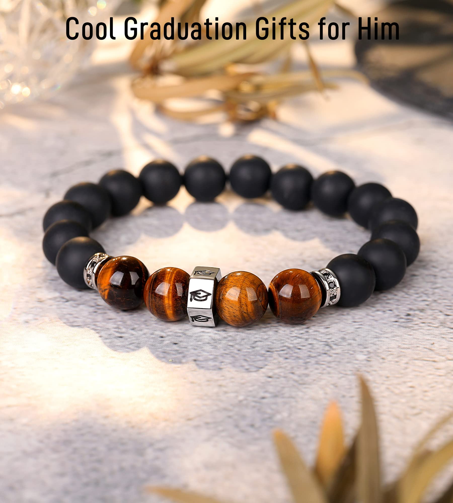 TONY & SANDY Tiger Eye Bead Bracelet for Men - Cool Graduation Gift for Him, Son, Grandson, Nephew - Perfect for College, High School & 5th/8th Grade Graduations - Stylish Accessory for Daily Wear & Special Occasions